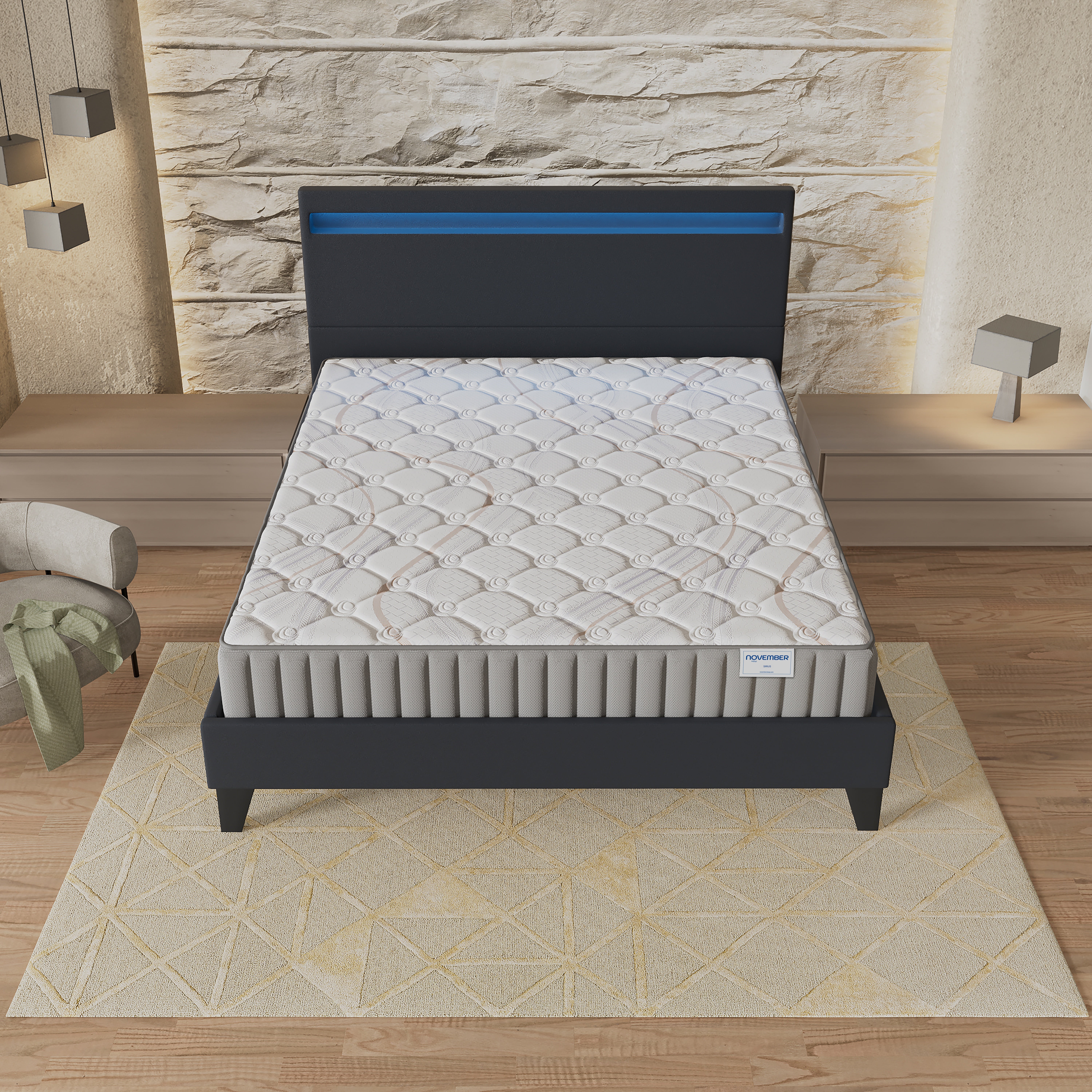 Ensemble Matelas + lit 140x200 cm, Matelas 16cm mousse, accueil latex, lit à tête de lit LED similicuir noir - 2