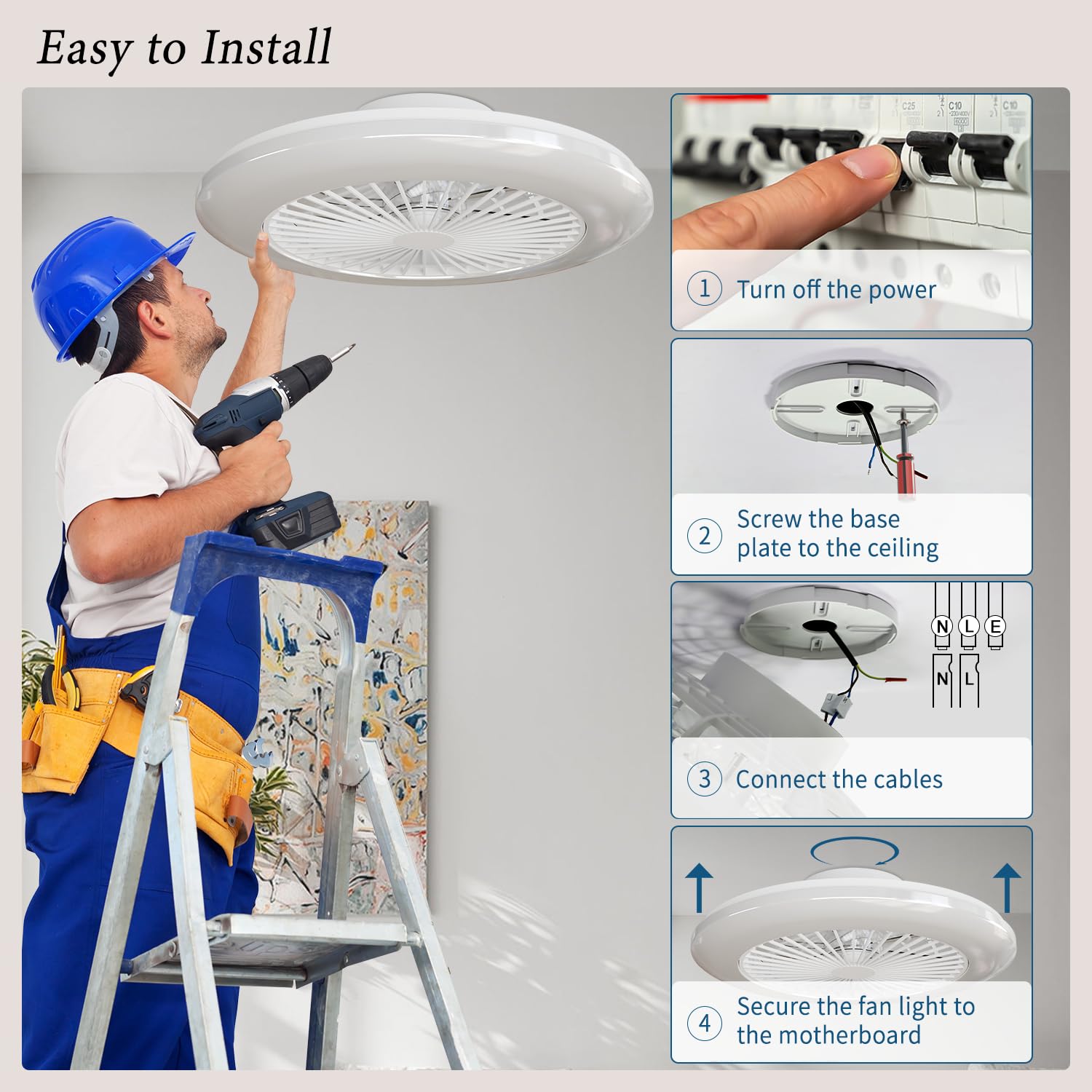 Ventilateur de plafond avec éclairage LED RGB 47cm, Moteur DC Silencieux, Dimmable 3000-6500K, Fonction Été/Hiver, Mémoire & Minuterie, Télécommande - 8