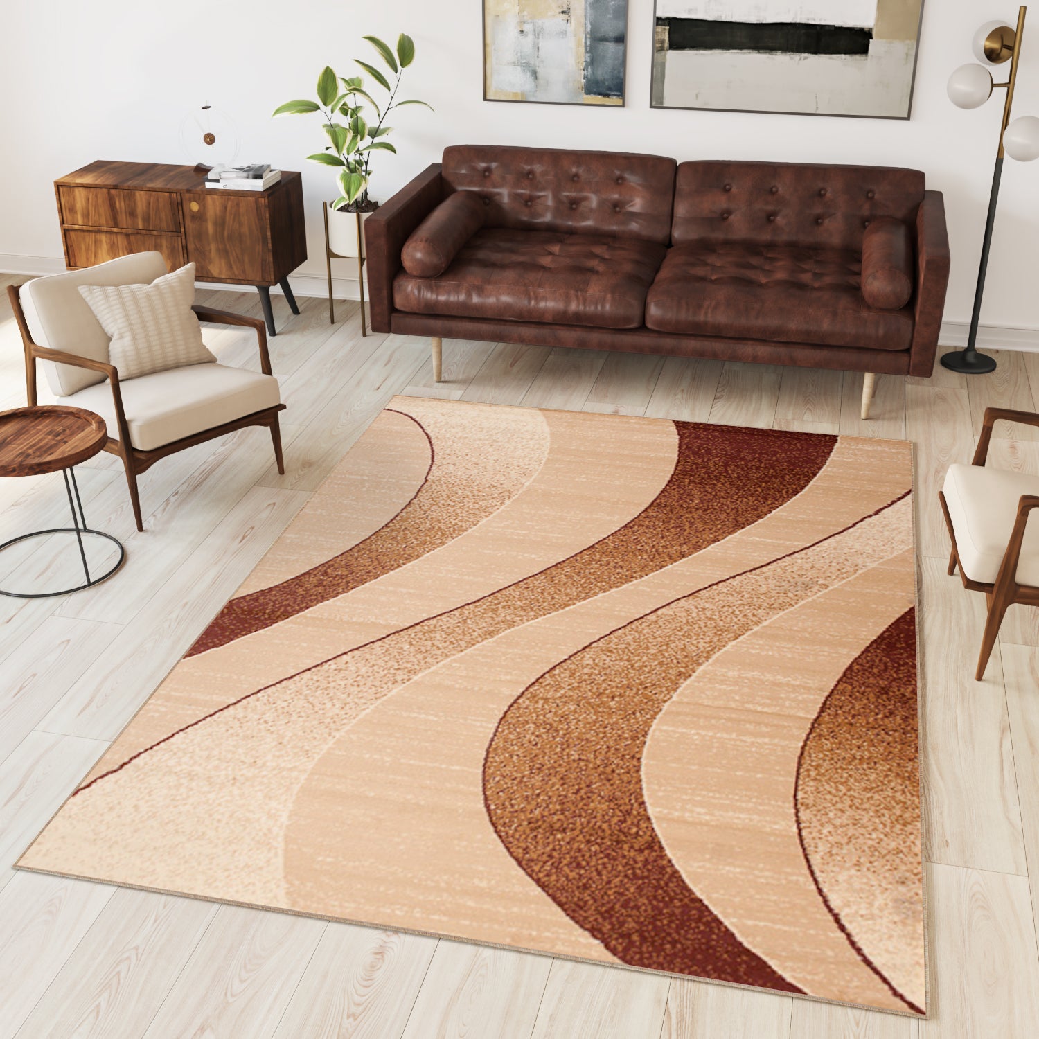 TAPISO Dream Tapis Salon Chambre Fin Beige Marron Ondes Vagues Léger Poil Court Doux 120 x 170 cm - 6