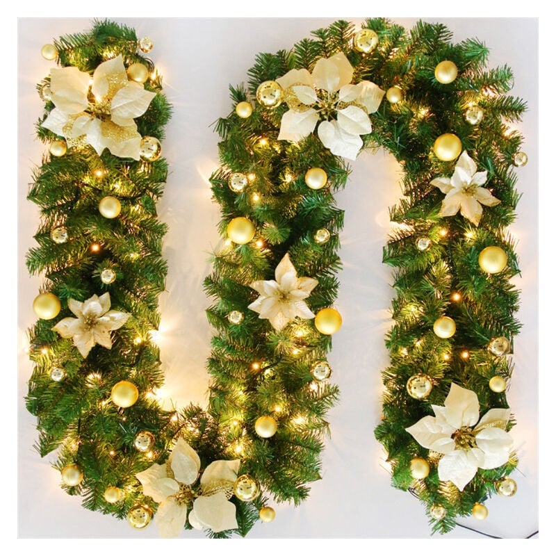 Guirnalda navideña, guirnalda de abeto, vid de flores decorativas artificiales, adornos navideños de ratán de pvc de 270 cm con luces led y flores y b
