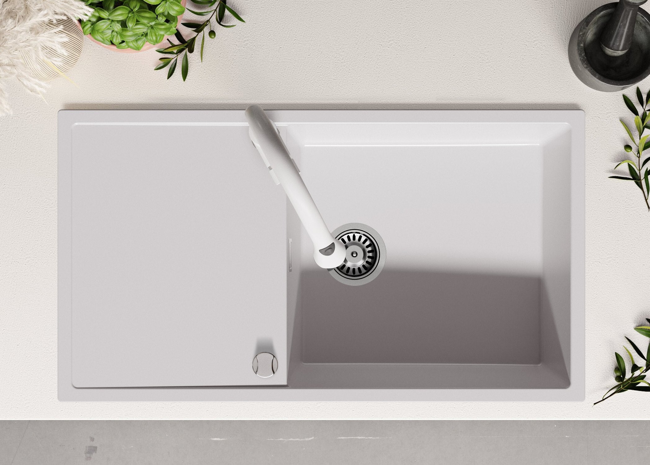 Evier Cuisine en Granit Blanc 90x50cm, Lavabo 1 bac + Kit de Vidage, Évier à Encastrer au meuble 60cm - Ibiza PRIMAGRAN - 4
