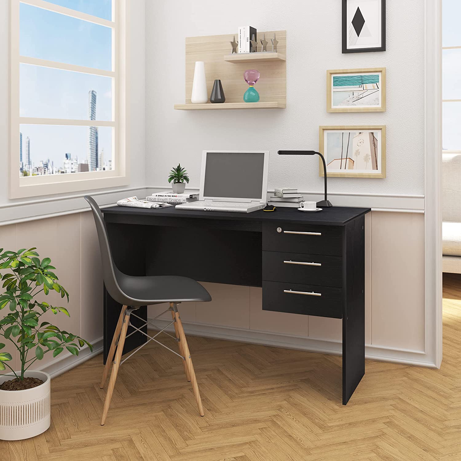 Table de bureau,Table d’ordinateur en bois,Table de travail avec 3 tiroirs et verrou,120x59x75 cm,Noir,WOLTU - 3