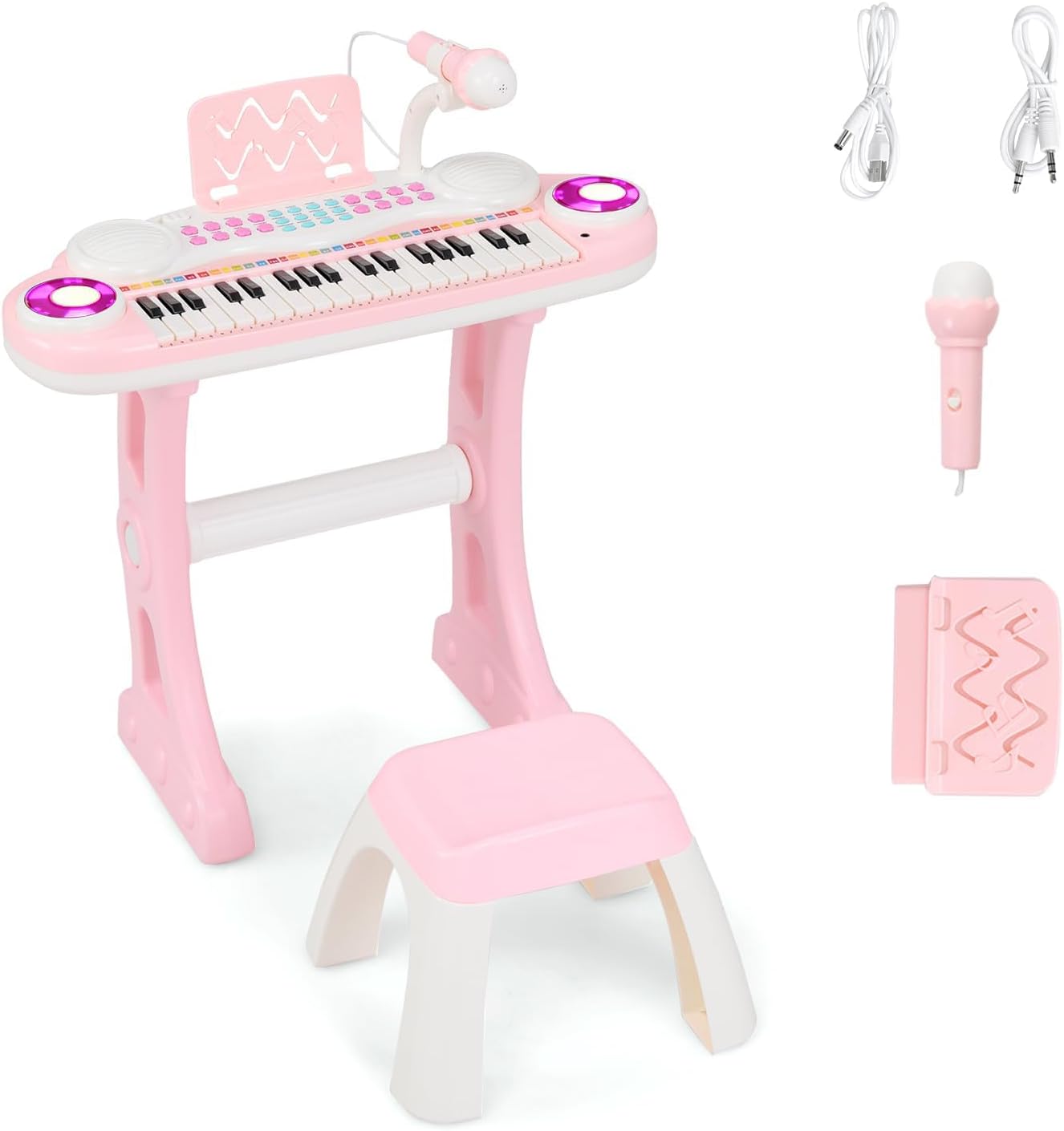 37-Klawiszowa Klawiatura Fortepianowa dla Dzieci, ze Stołkiem, Mikrofonem, 8 Dźwiękami, Pulpitkiem, Elektroniczna Zabawka Fortepianowa, Różowa