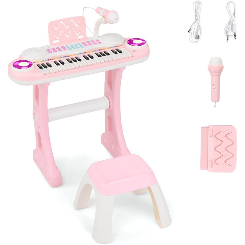 37-Klawiszowa Klawiatura Fortepianowa dla Dzieci, ze Stołkiem, Mikrofonem, 8 Dźwiękami, Pulpitkiem, Elektroniczna Zabawka Fortepianowa, Różowa