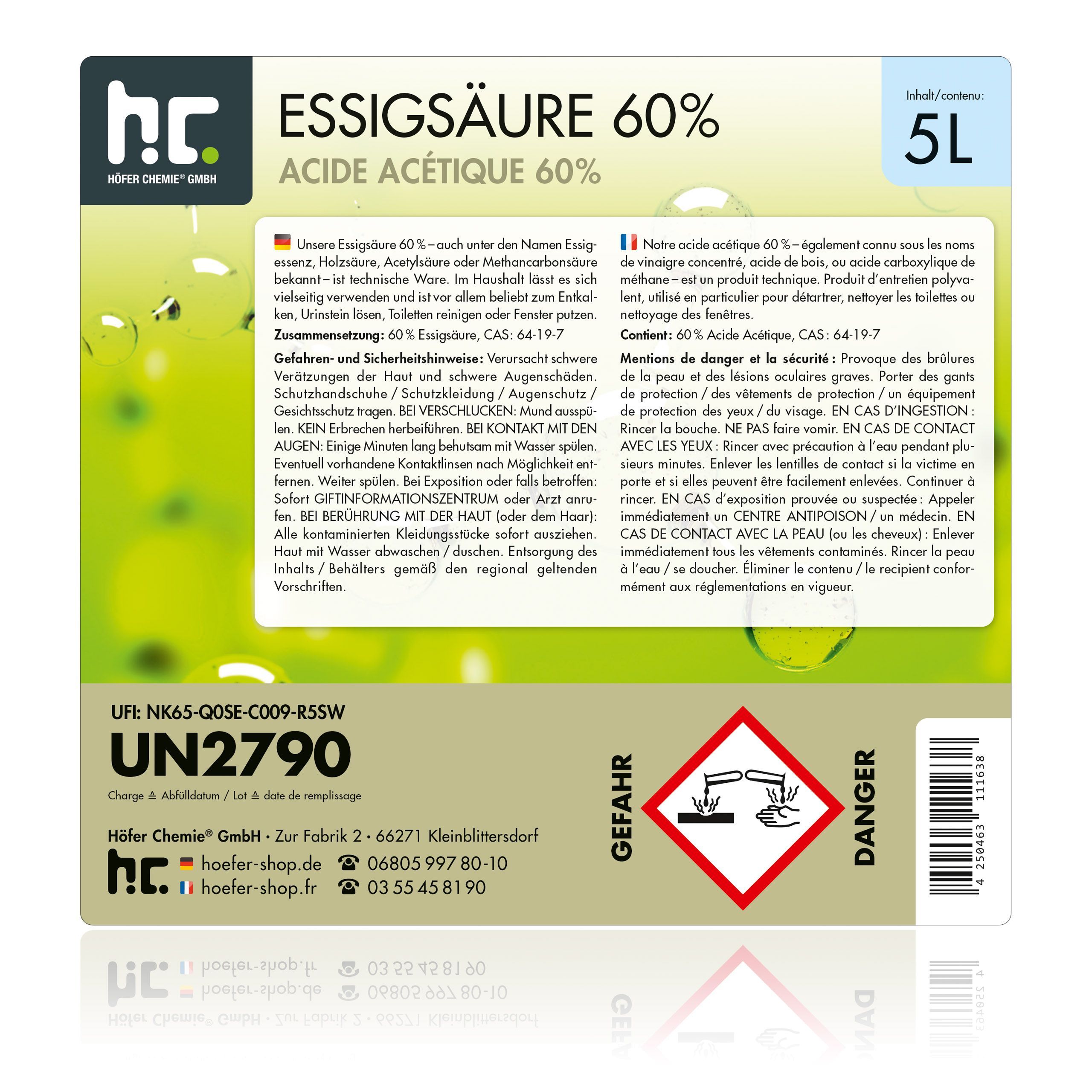 2 x Acide Acétique 60% Höfer Chemie® en bidon de 5 L - 5