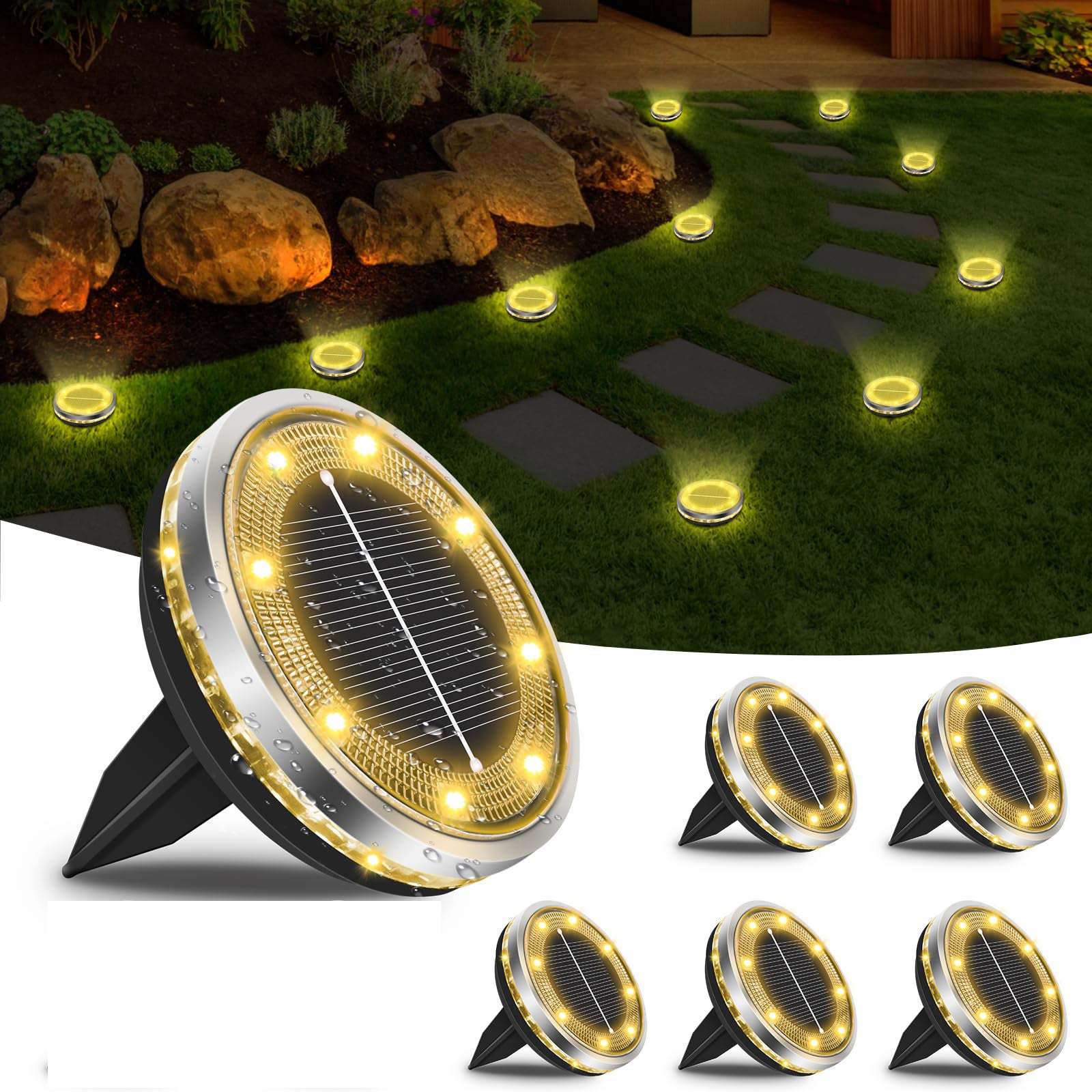 Zestaw lamp zewnętrznych zasilanych energią słoneczną płaskich wodoodpornych diod LED idealnych do ścieżek ogrodów i krajobrazów ciepłe białe światło