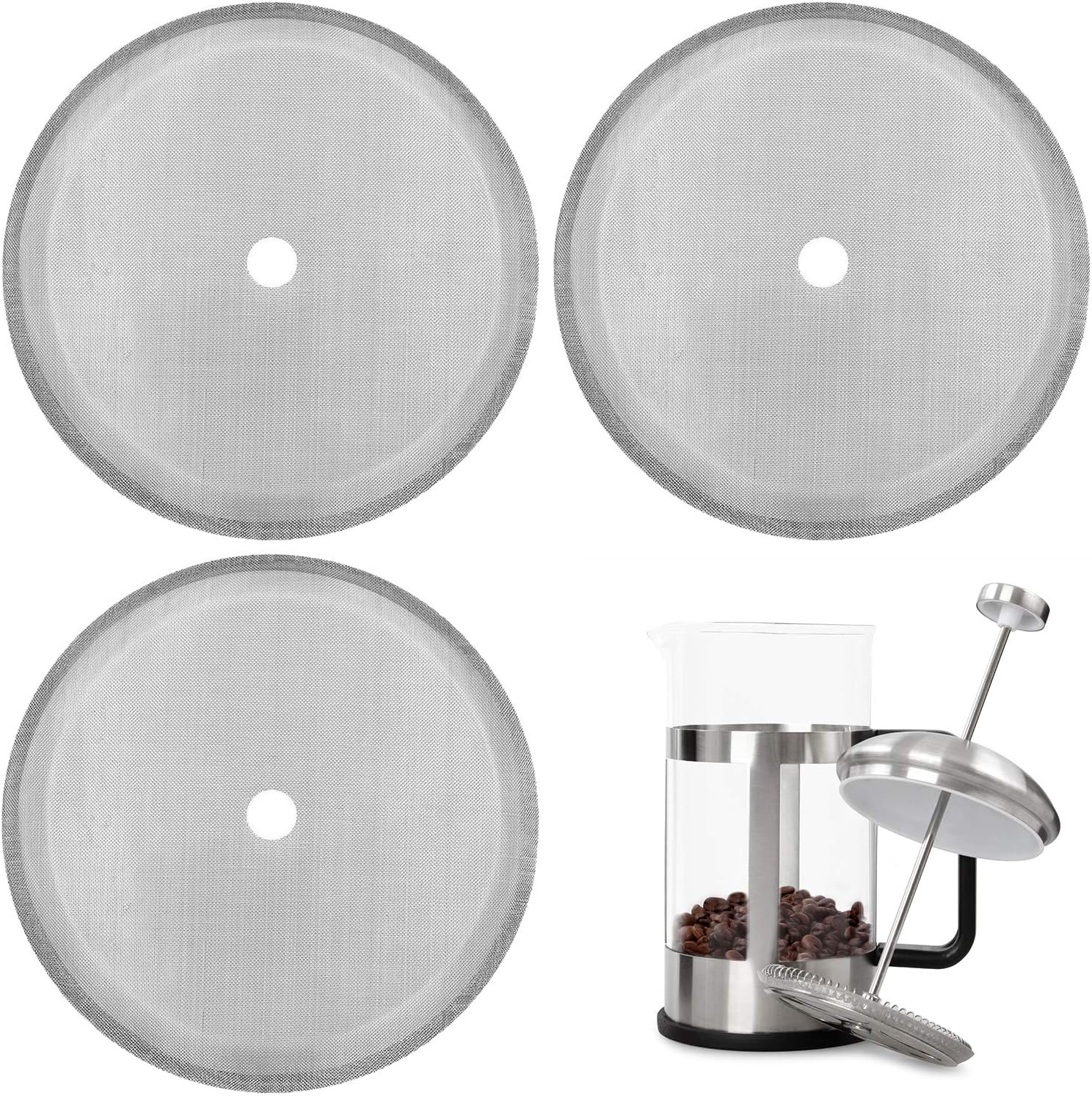 Zestaw 3 filtrów zamiennych do French Press, praski do kawy, 4 cale, siatka wielokrotnego użytku ze stali nierdzewnej do 8 filiżanek / 34 oz / 1000 ml