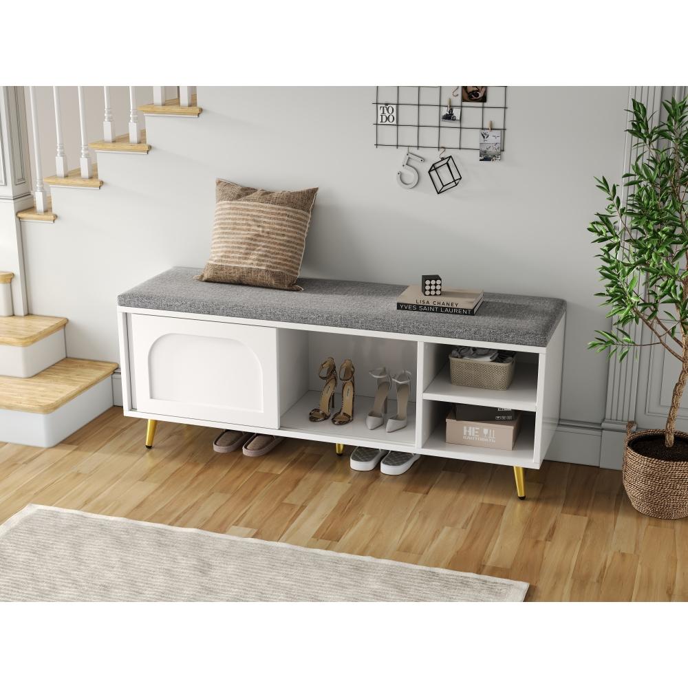 Banquette d’entrée blanche 121 cm – rangement chaussures, assise rembourrée, étagères réglables – 121x35x49 cm - 5