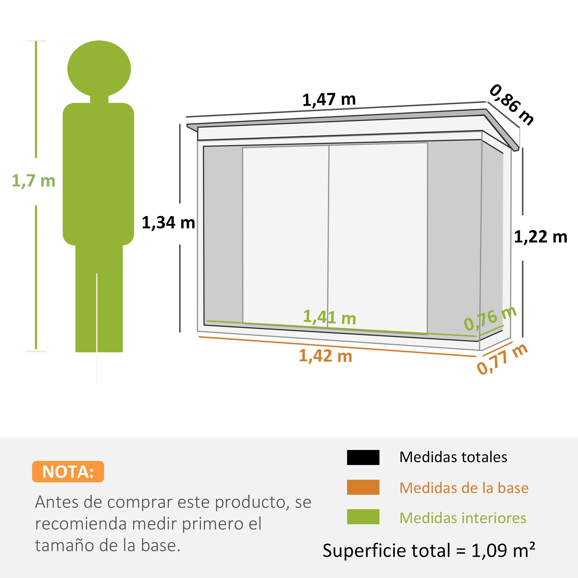 Cobertizo de jardín 1,26 m² con 2 puertas Outsunny 147x86x134cm negro - 3