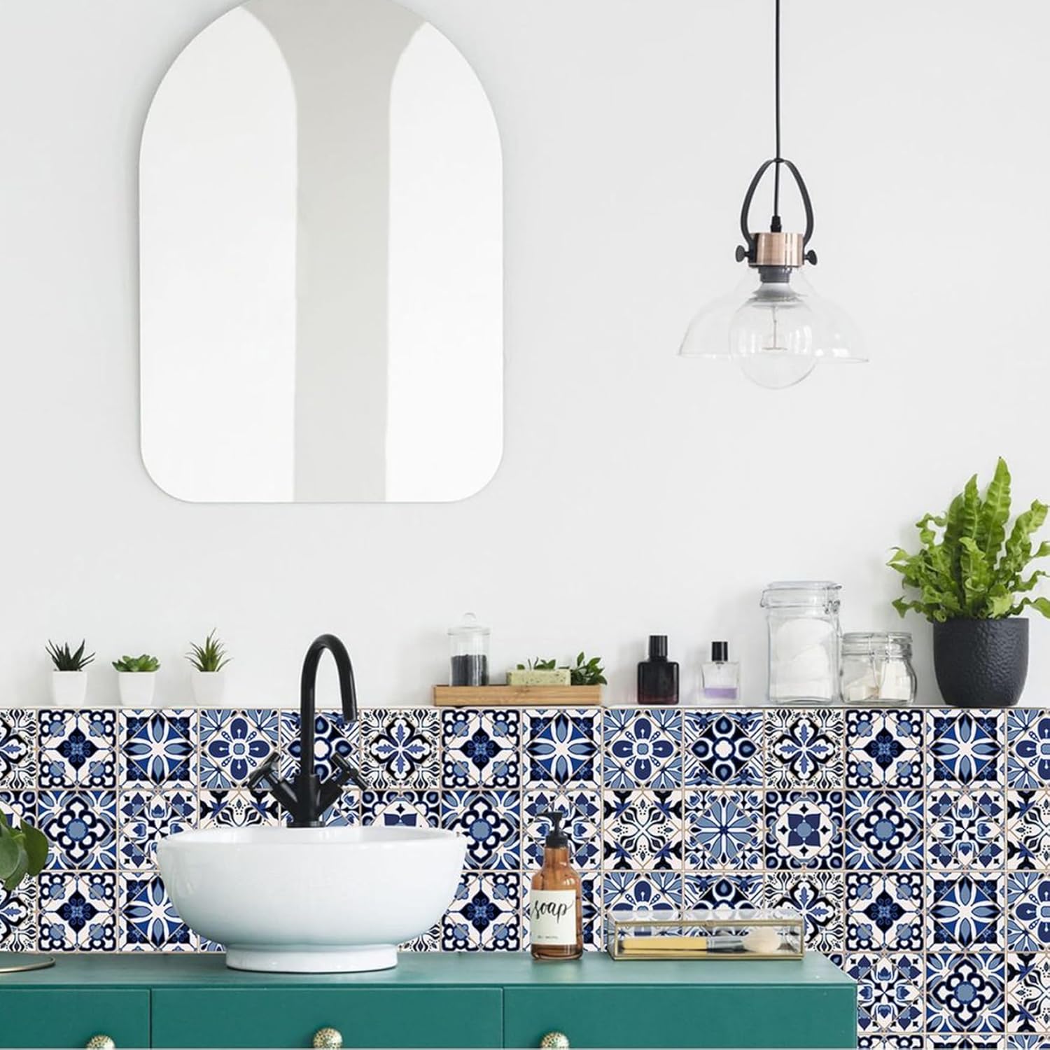 Lot de 24 stickers carrelage bleus style marocain, en PVC auto-adhésif et imperméable, adaptés aux cuisines, stickers de 15*15 cm - 6