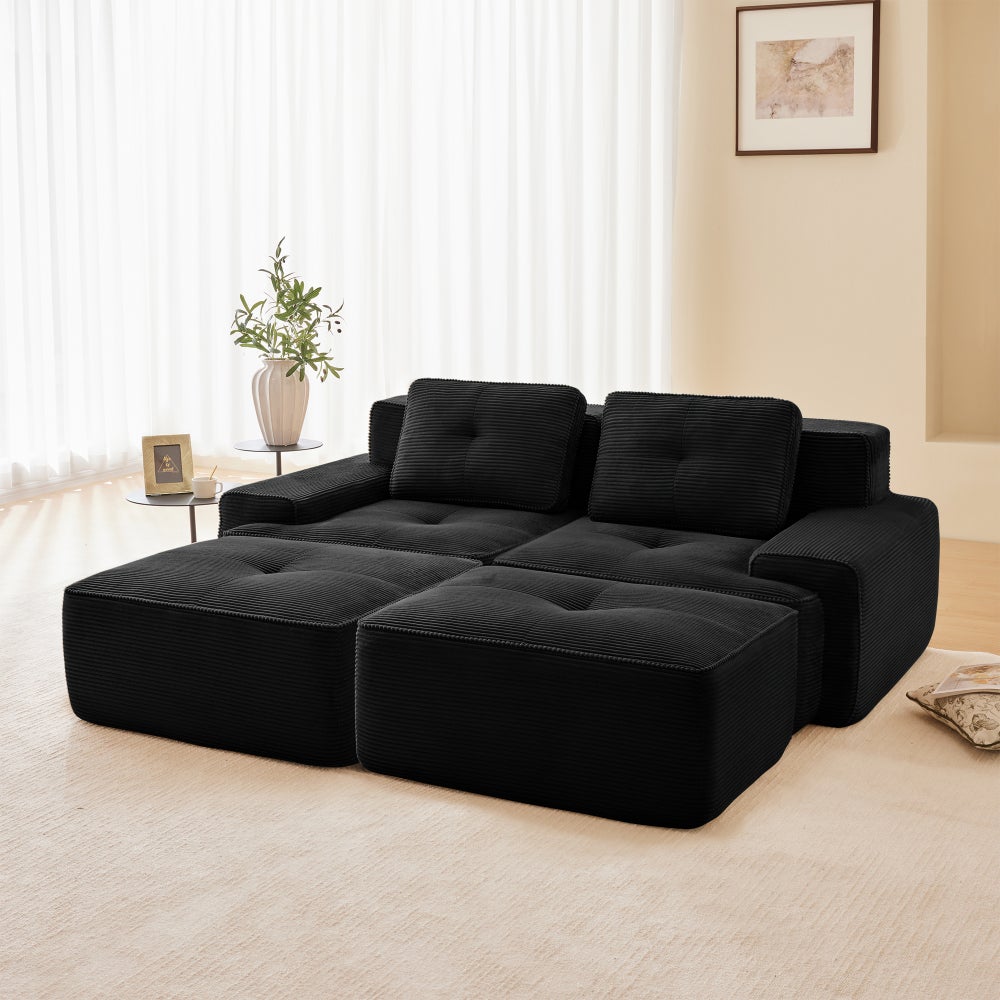 Sofa modułowa w kształcie litery U, sztruks, głębokie siedzisko, z pufem, 2-osobowa, czarna