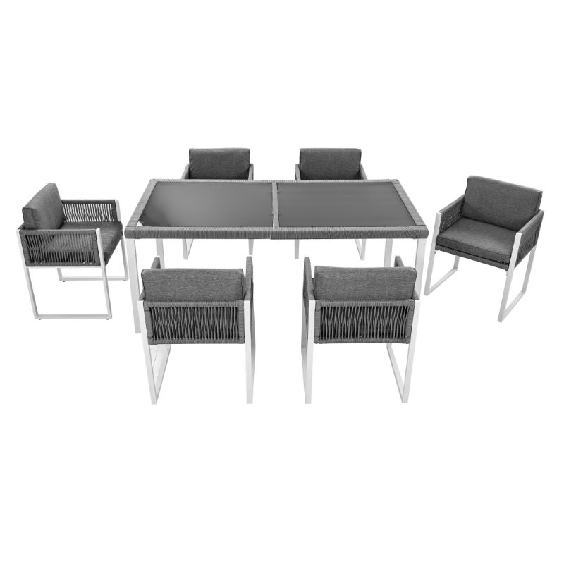 Juego de comedor de exterior para 6 personas, mesa con cristal templado, sillas de cuerda con cojín extraíble y lavable - 9