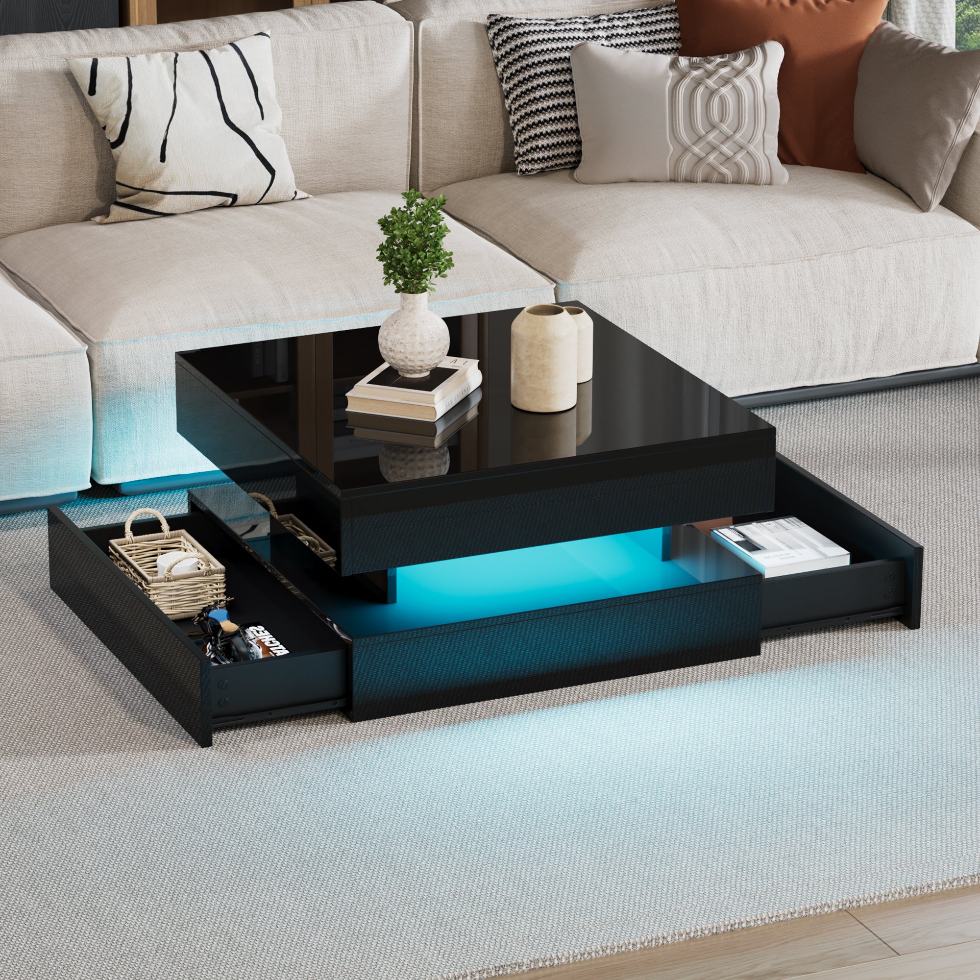 Regulowany stolik kawowy 65×65×38,5 cm - błyszczące wykończenie - z oświetleniem LED - 2 szuflady - czarny