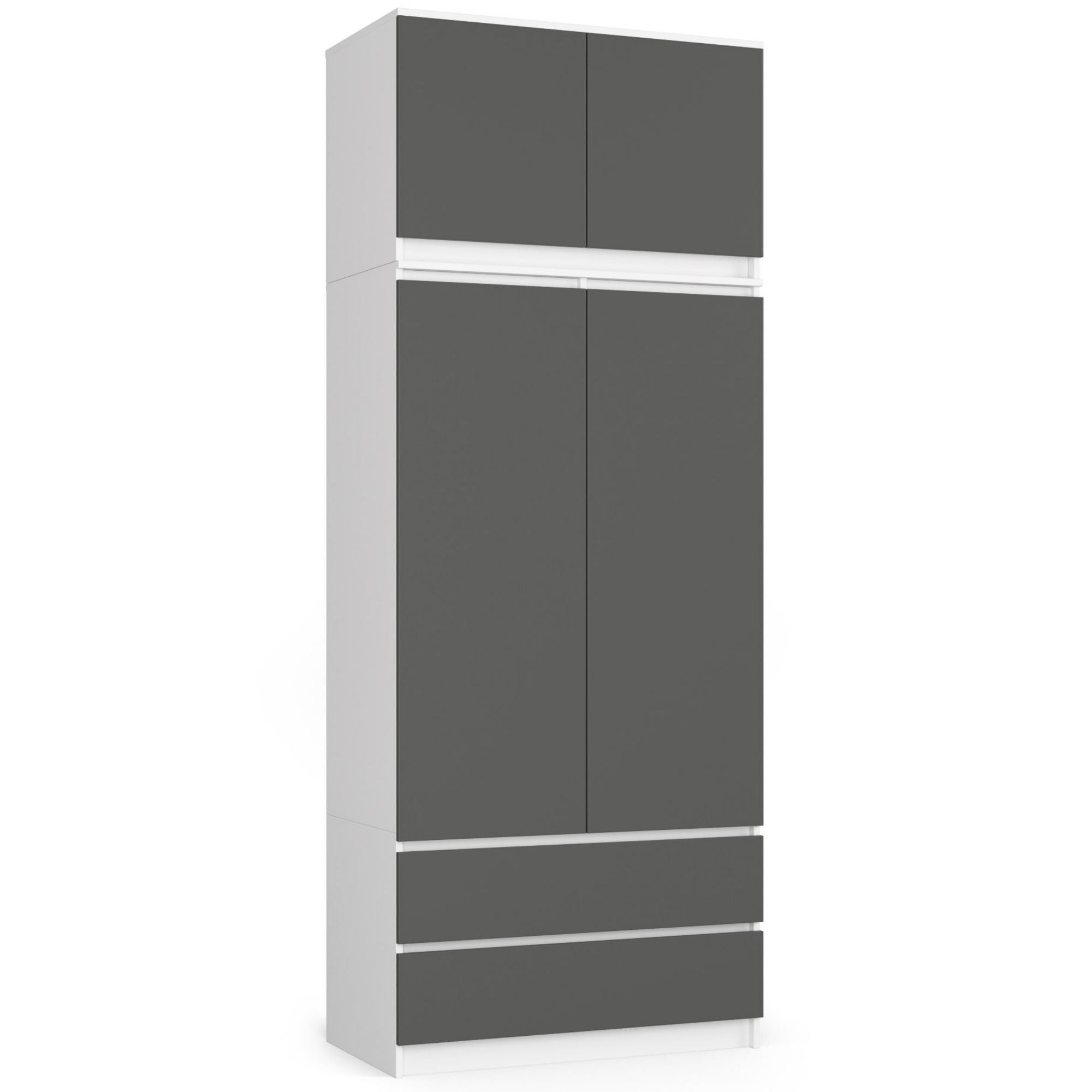 Szafa AKORD S90 z nadstawką Biała 90 cm 2 drzwi 2 szuflady kolor Grafit Szary mat 6 półek 90x51x234 cm