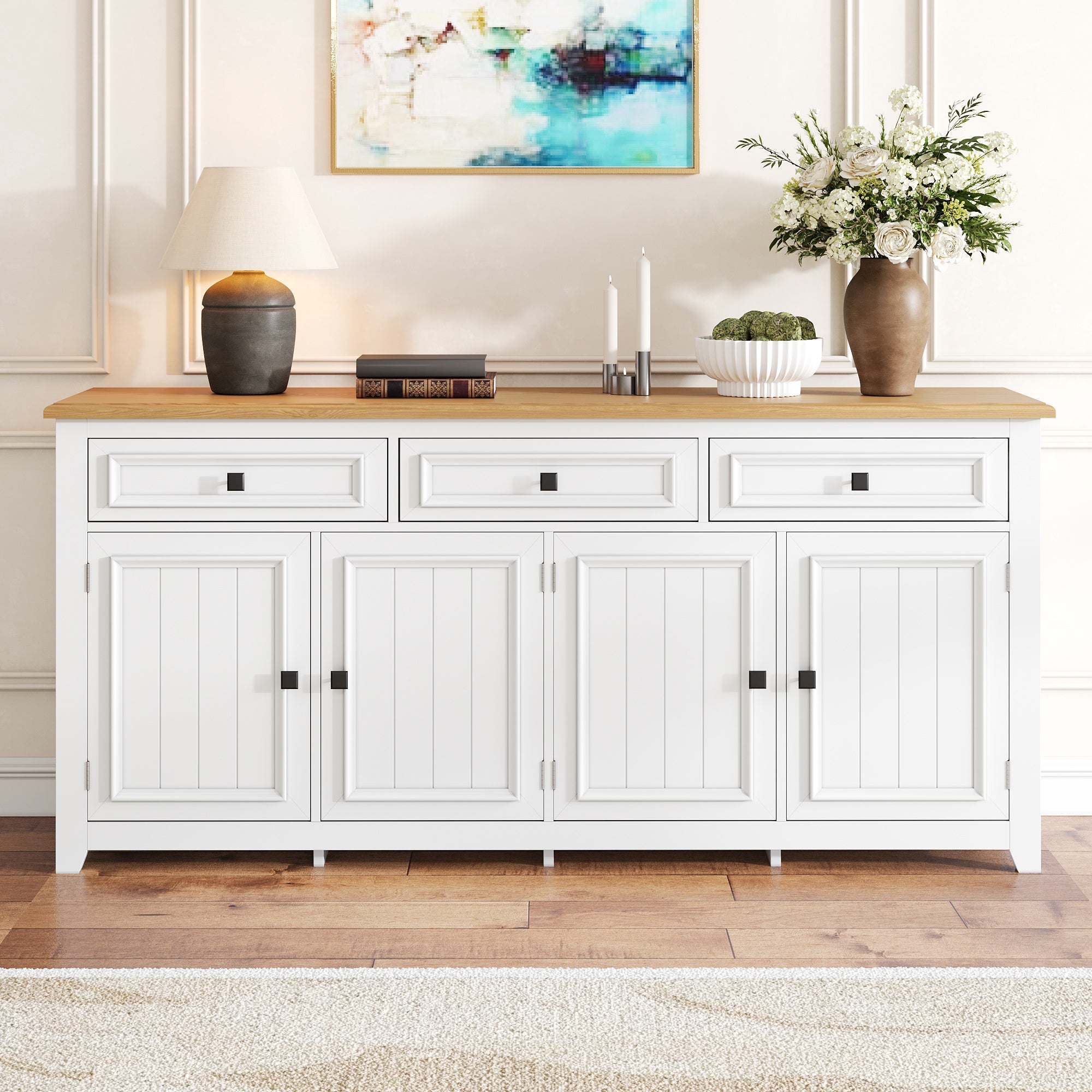 Nowoczesny buffet 160x35x76 cm - 3 szuflady i 4 fronty - Regulowane półki - MDF - Biały