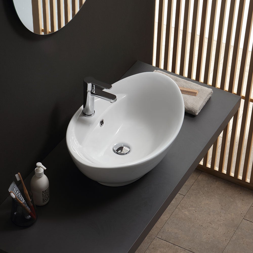 Lavabo Ovale In Ceramica Bianca Per Lavamani 590x205x395 Mm ML-DESIGN