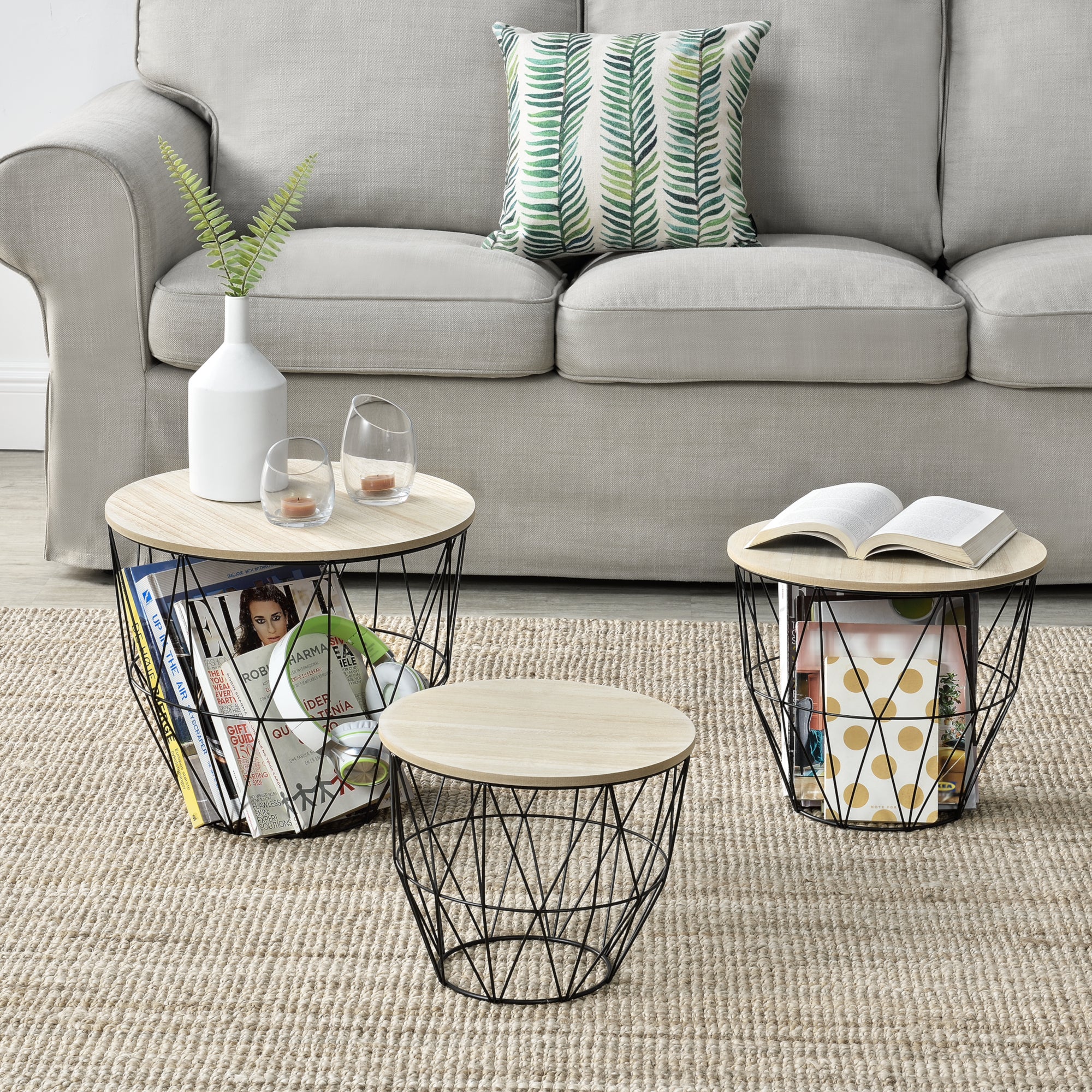Tables Gigognes Carrées En.casa - Set De 2 Tables Noir Et Bois, 75x75cm Et 65x65cm