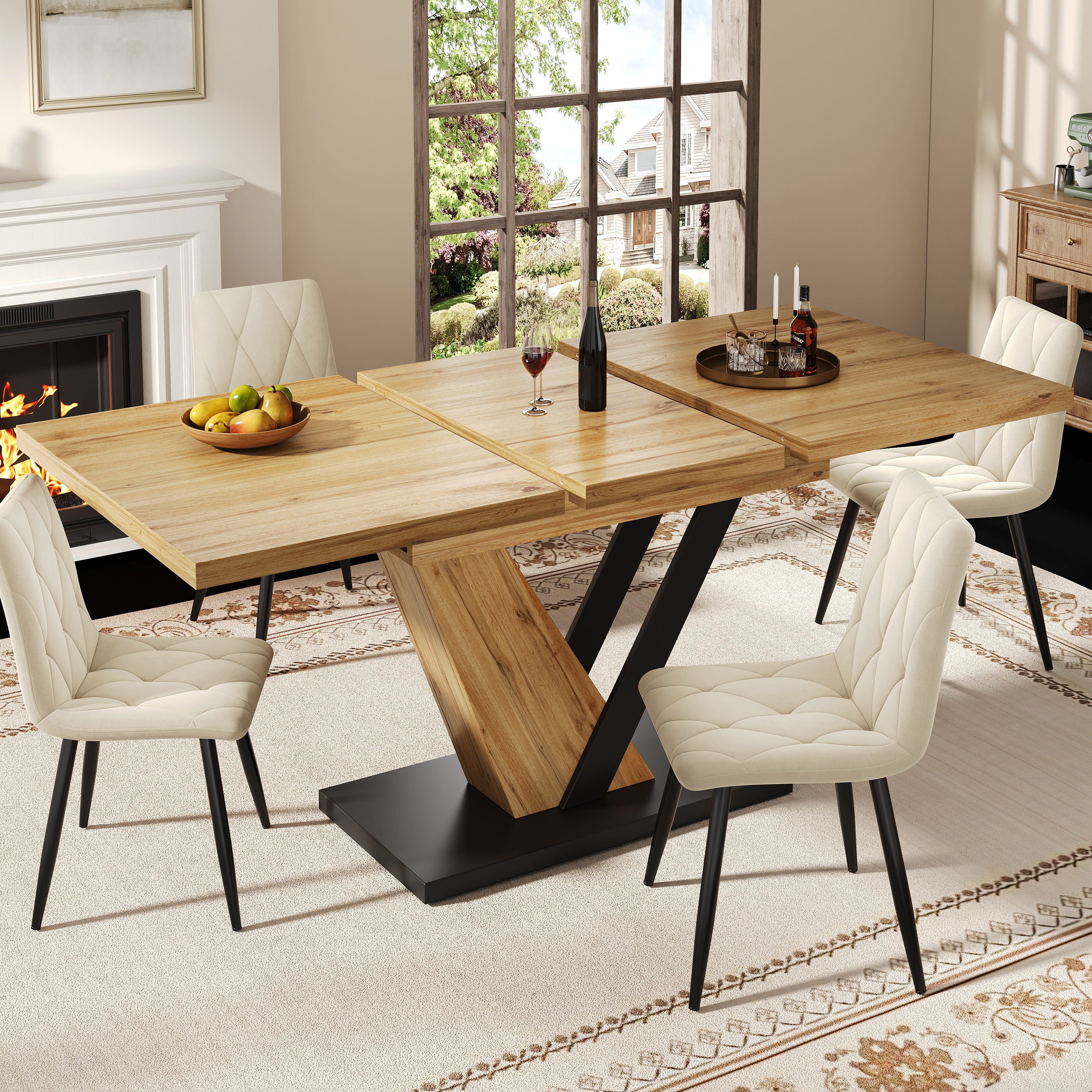 Table a Manger Extensible (120-160×75×75,5cm),design extérieur à grain de bois,Table de Cuisine 6/8 Personnes,Pour cuisines et salons,Naturelle+Noir - 6