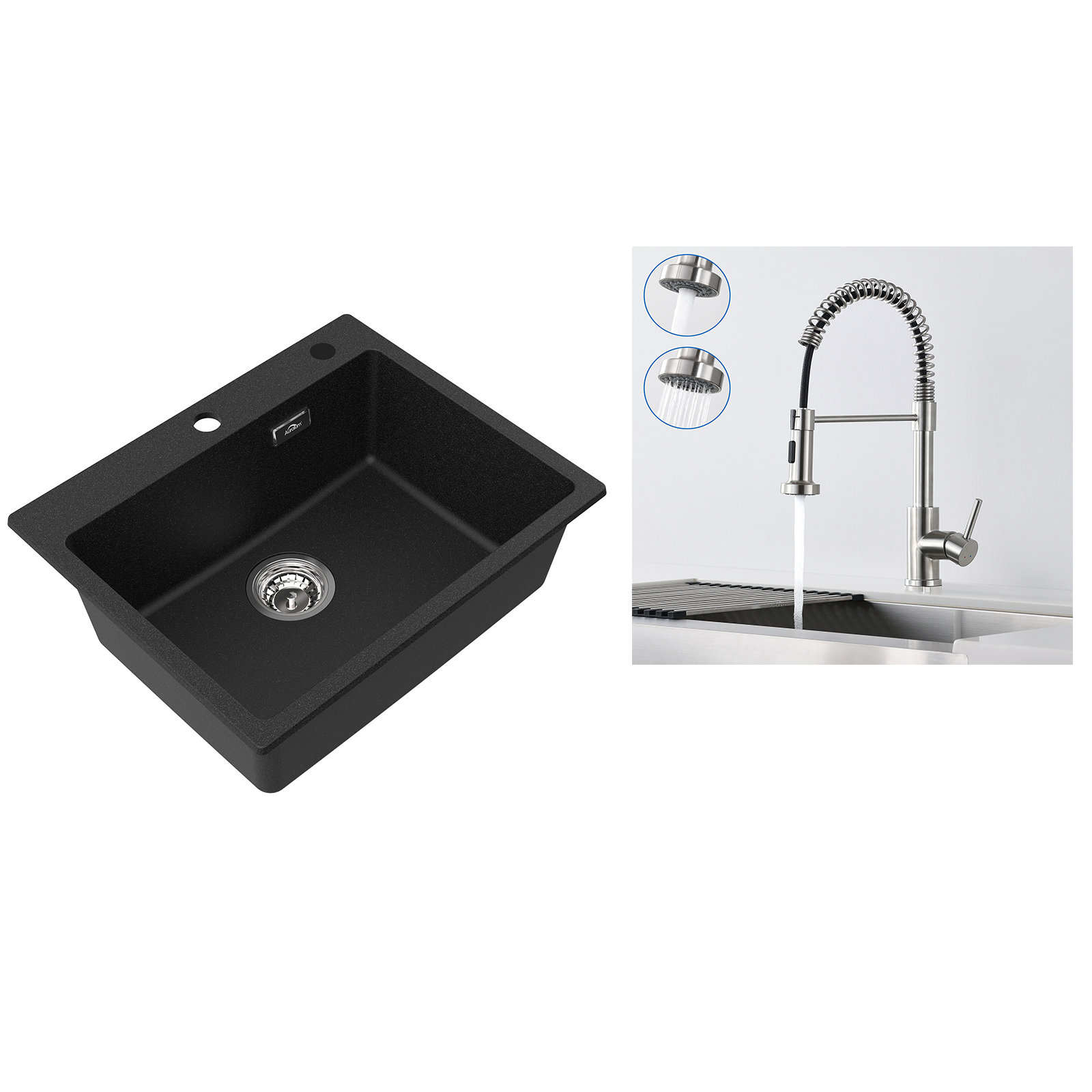 Lavello In Granito Nero 45x46 Cm Con Rubinetto Estensibile | 80% Quarzo Per Mobile Da 45 Cm