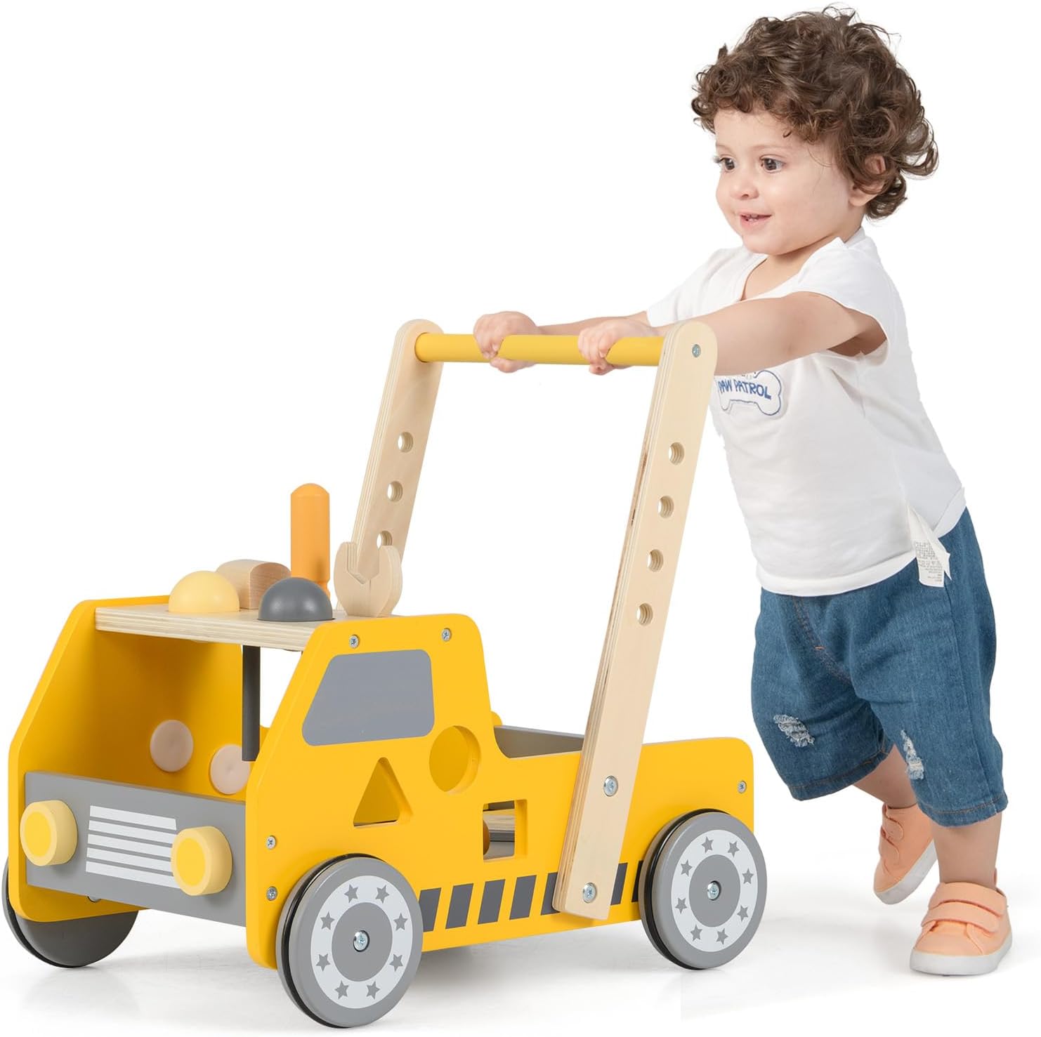 Drewniany Wózek do Chodzenia, 2 w 1: Chodzik dla Niemowląt i Ławka z Narzędziami, Regulowana Prędkość, Wózek Montessori dla Dzieci Powyżej 3 Lat