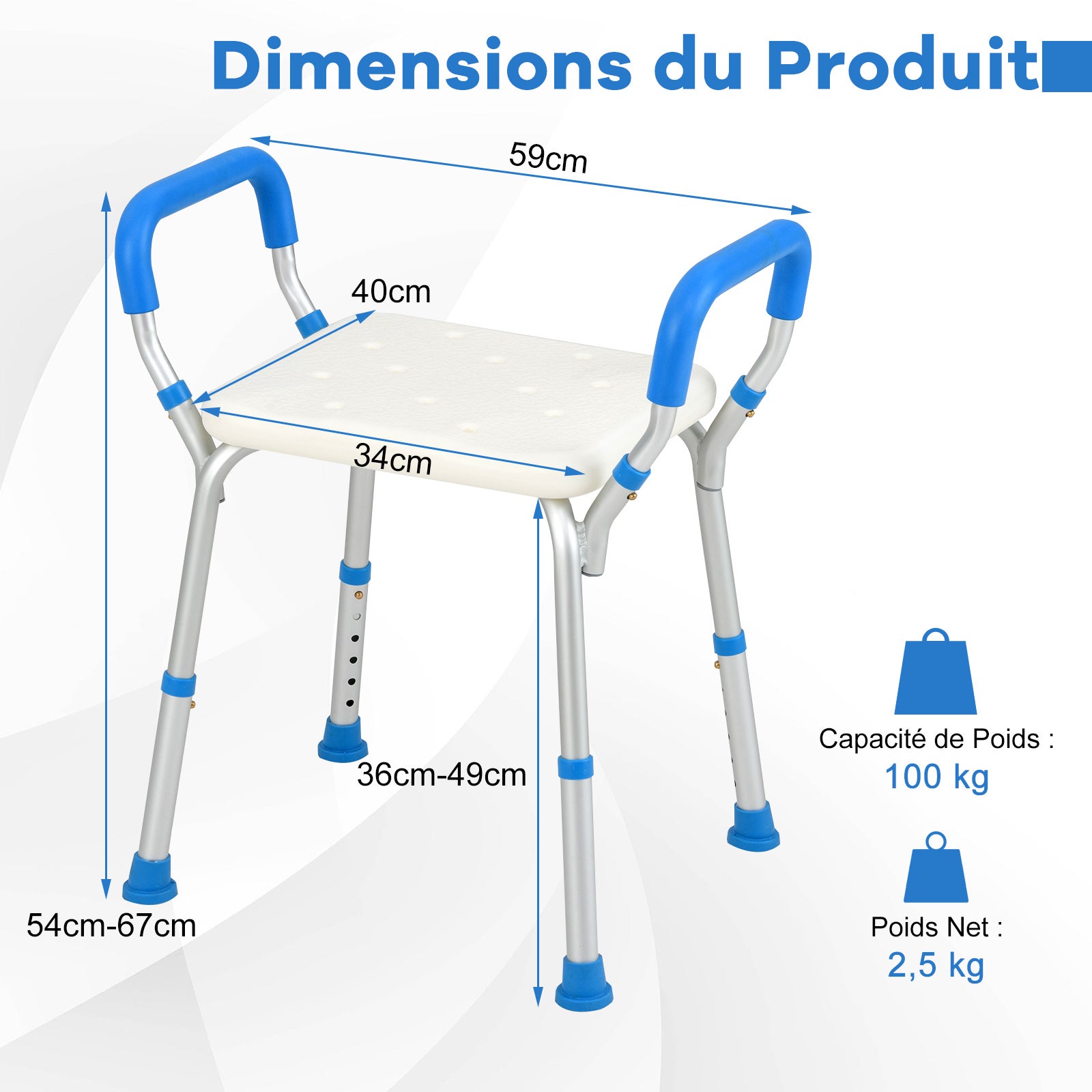 Tabouret de Douche 6 Hauteurs Réglables 36-49cm, Chaise de Douche Accoudoirs Amovibles, Pieds En Caoutchouc Antidérapants, Tabouret Salle de Bain,Bleu - 4