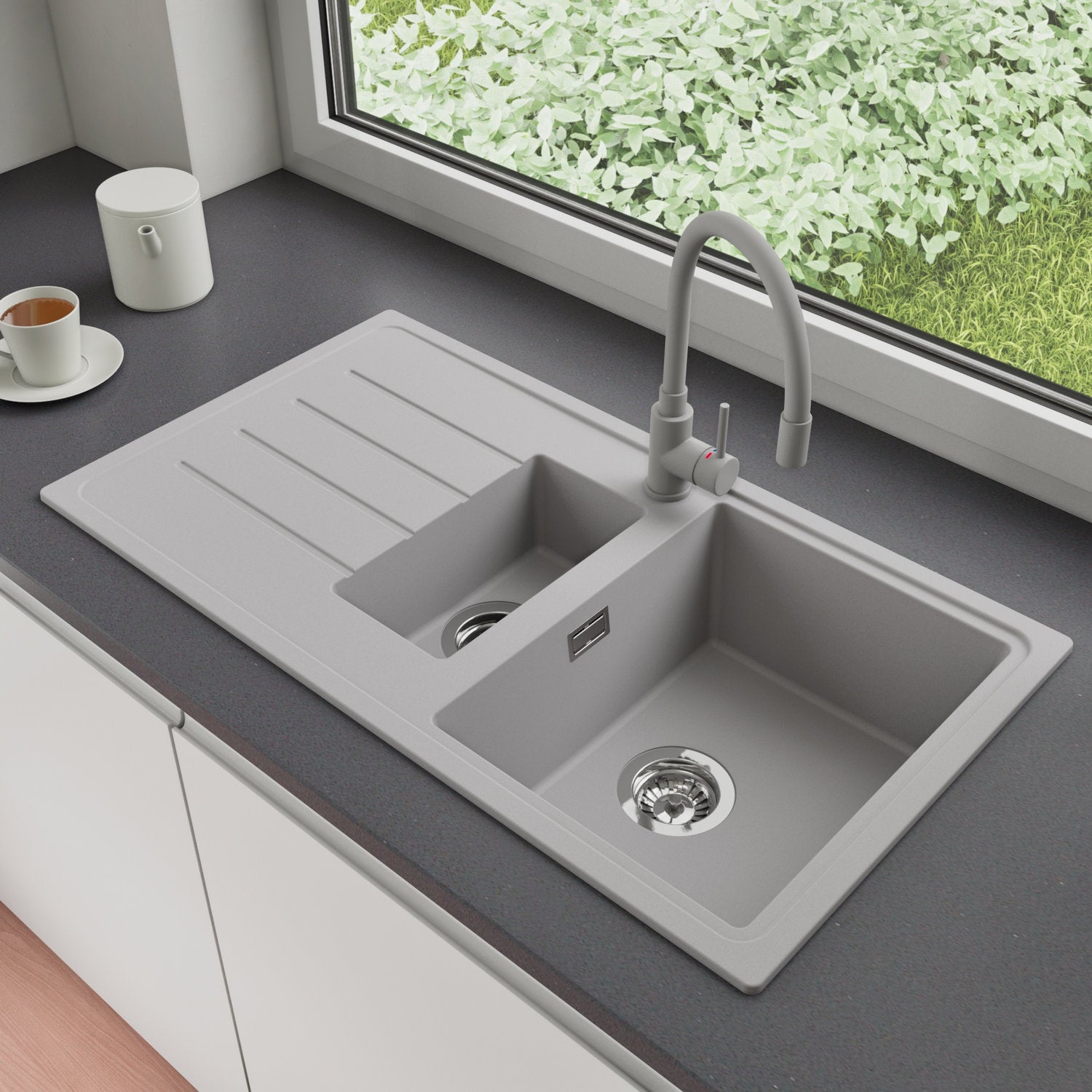 Zlewozmywak Granitowy 90x50cm, do szafki od 60cm + Bateria + Syfon - Ametyst Szary STONESTYLE