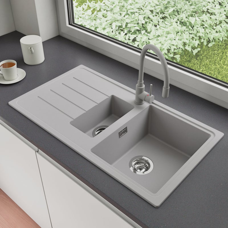 Zlewozmywak Granitowy 90x50cm, do szafki od 60cm + Bateria + Syfon - Ametyst Szary STONESTYLE