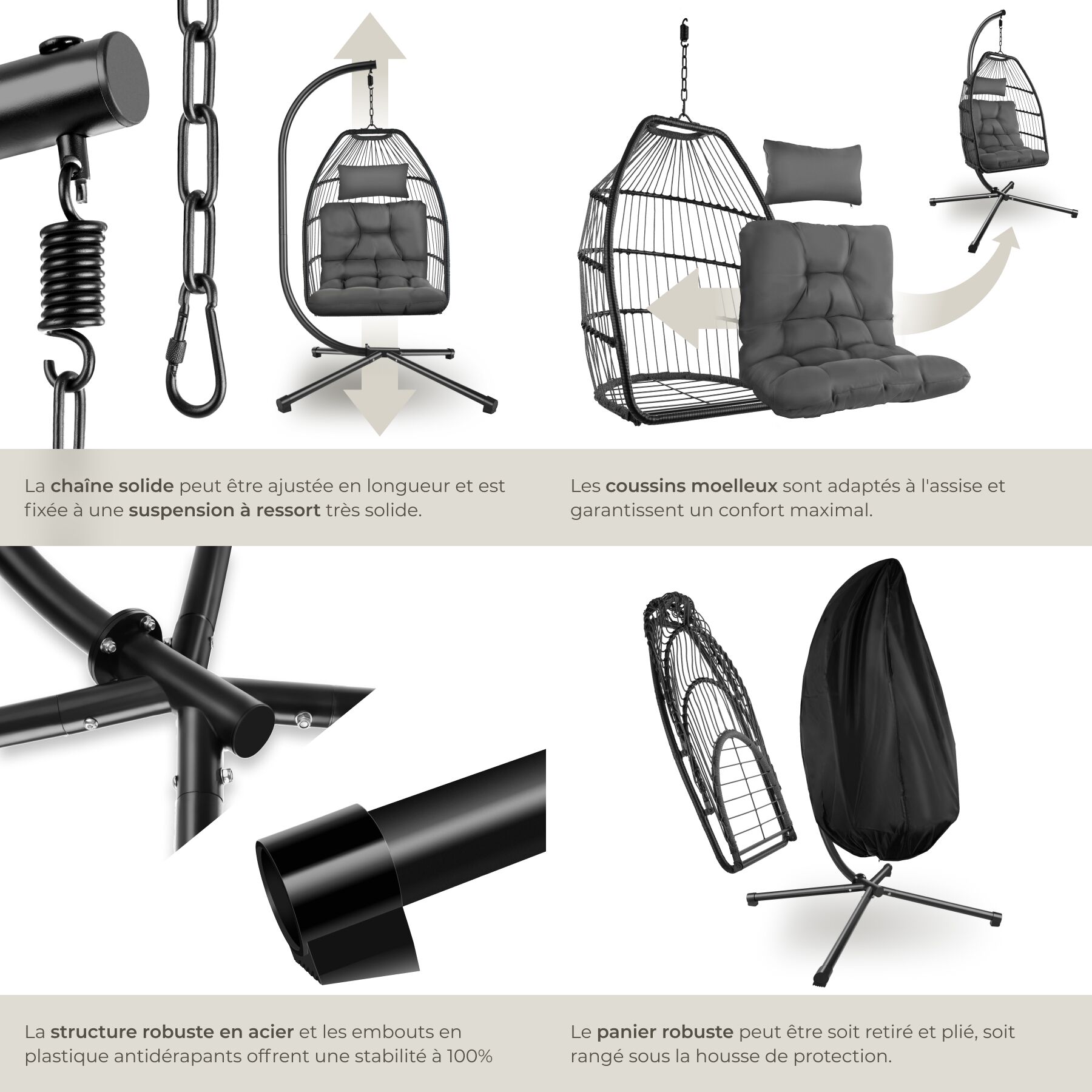 Fauteuil suspendu en acier, pliable, pivotant, coussin épais amovible, gris foncé TECTAKE - 5