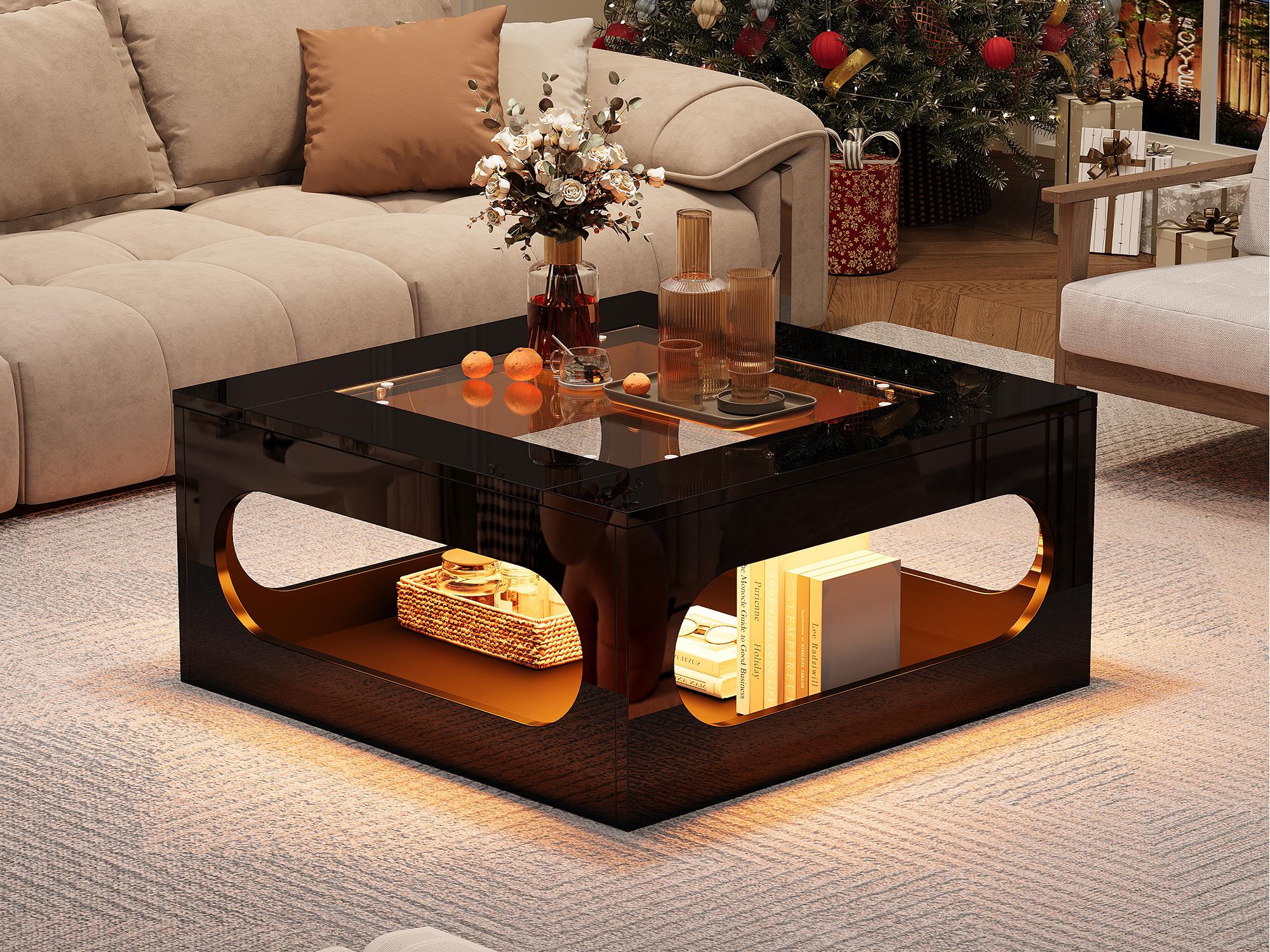Stolik kawowy z połyskiem 70 x 70 x 35 cm - z oświetleniem LED - blat ze szkła hartowanego - płyta MDF - czarny