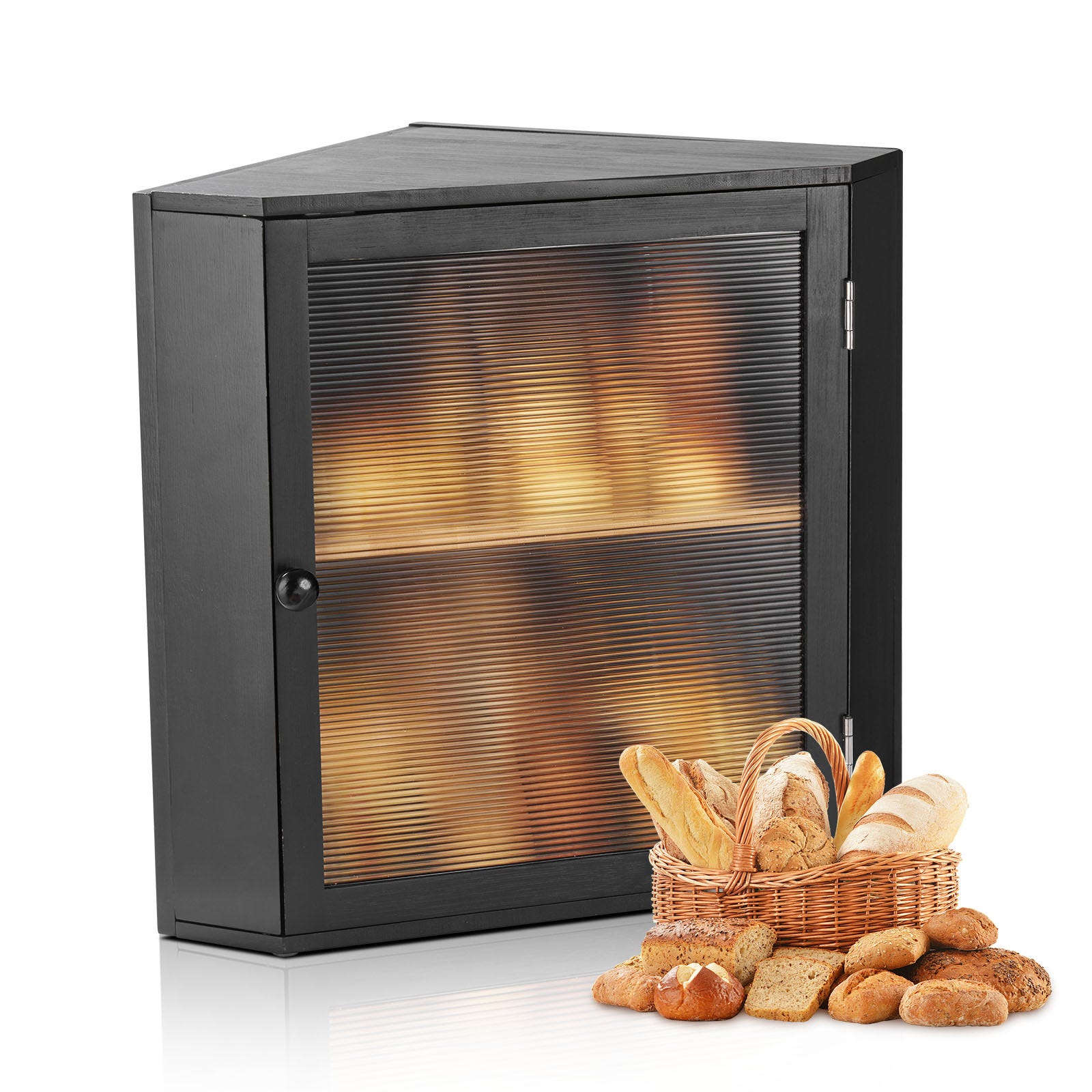 Scatola Per Pane In Bambù A Doppio Strato - 40,6x25,4x33 Cm - Con Finestra In Vetro Satinato - Per Bancone Cucina, Grande Capacità, Colore Nero
