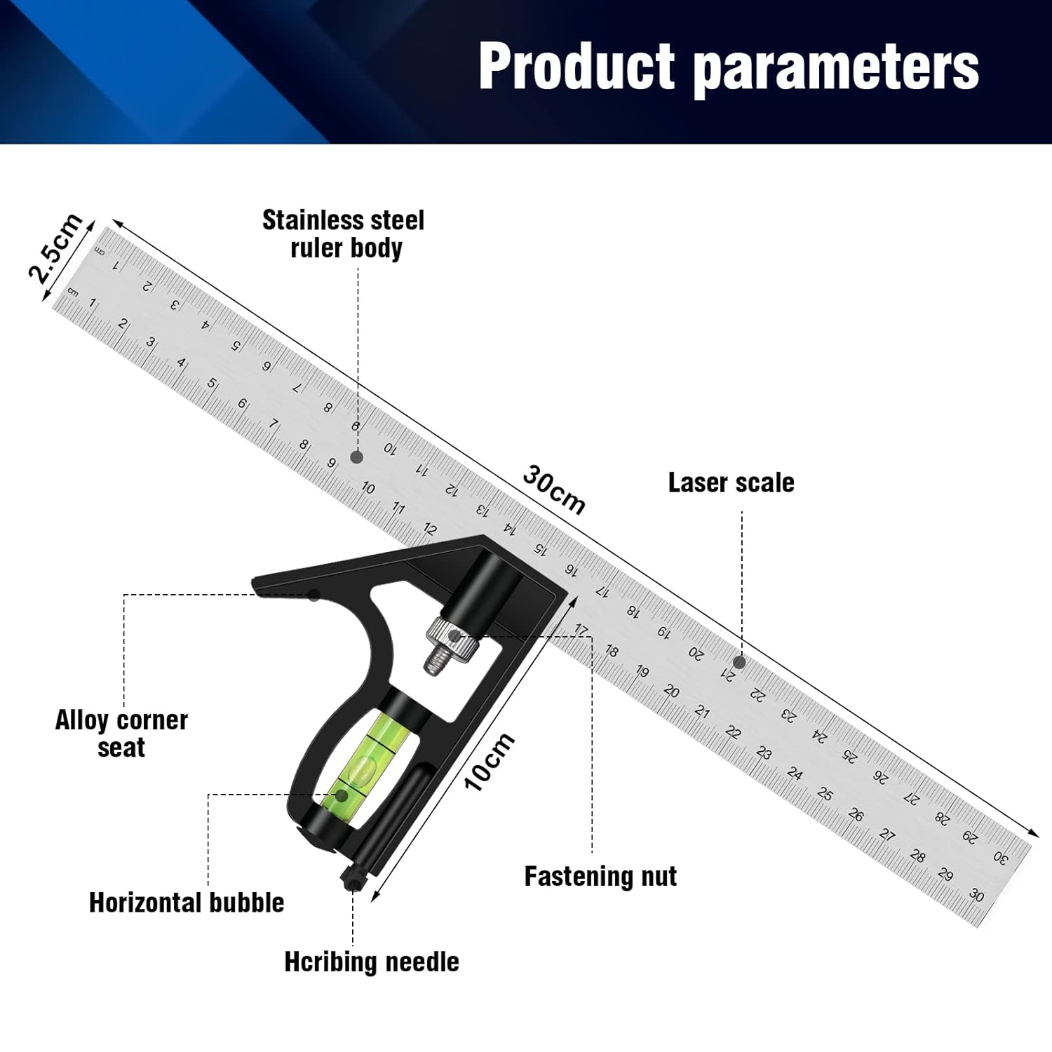 Esquadro combinado de aço inoxidável de 300 mm, ferramenta de medição ajustável. - 2