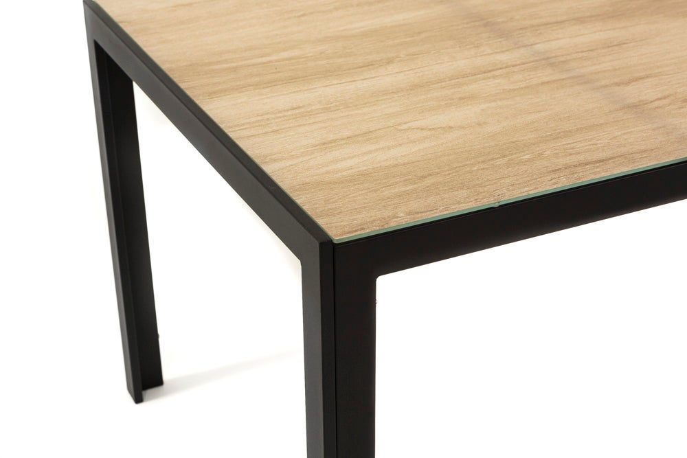 Mesa rectangular fija de 150x90 cm con estructura de aluminio y tablero de vidrio decorado Milo para interior/exterior madera/antracita - 2