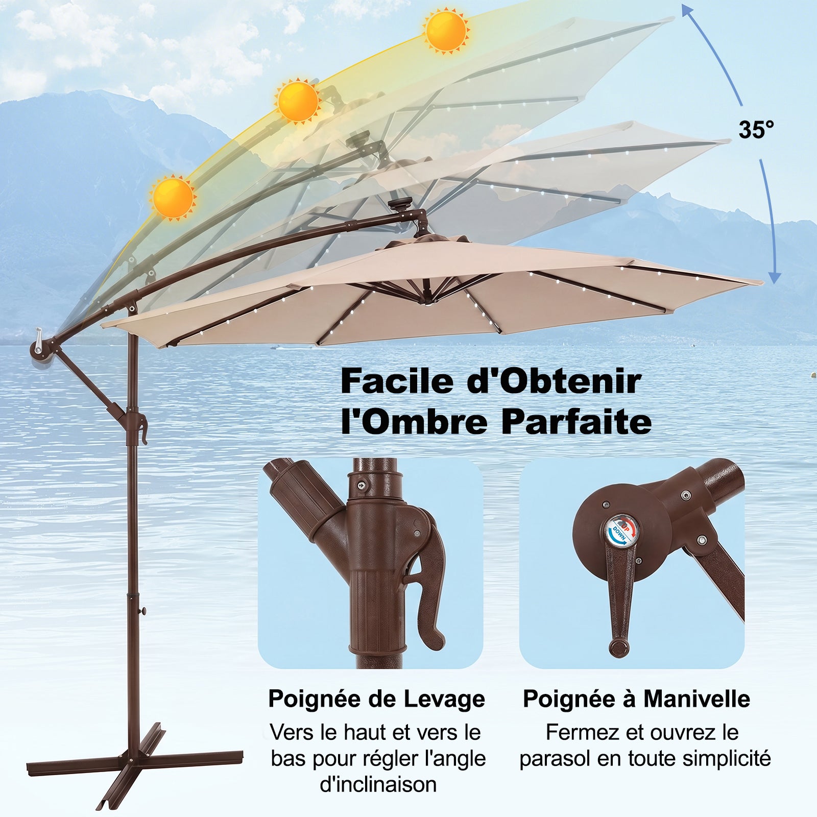 Parasol Déporté 3M Hexagonale, avec 40 LED Solaire, Inclinable, 8 Baleines en Métal, Base Croisée, Parasol à Manivelle, Beige - 5