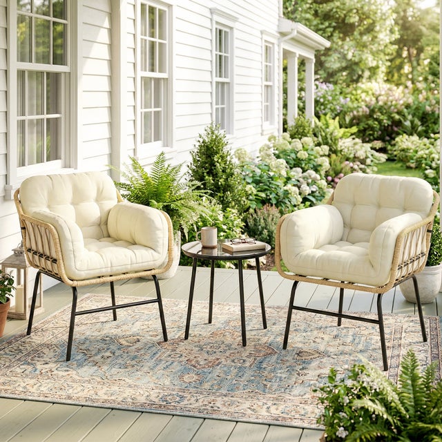 Salon de jardin extérieur - Outsunny - 3 pièces, table basse, 2 fauteuils avec coussins - résine tressée, verre - 62x73x79cm - crème