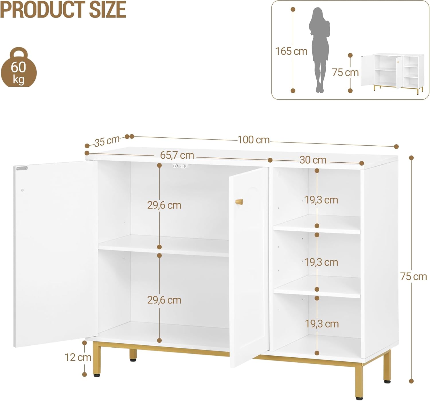 Mobile da Bagno, Armadietto Autoportante, con 3 Ripiani Aperti Regolabili e 2 ante, Grande Capacità di Stoccaggio, per Bagno, Soggiorno, Bianco-Oro - 9