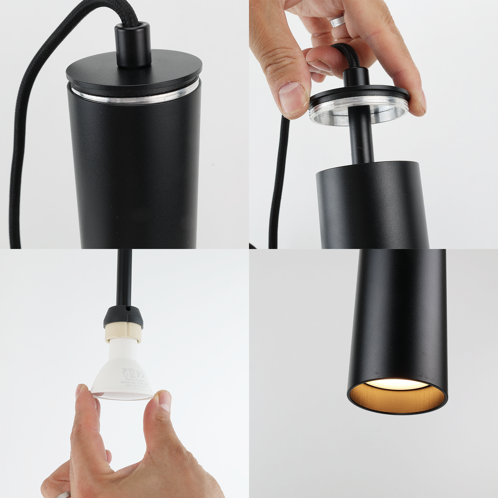 Pack de 2 Lámparas Colgantes de Techo Moderno Aluminio Negro Minimalista en Forma de Tubo 20cm con Portalámpara GU10, Altura Ajustable - 2