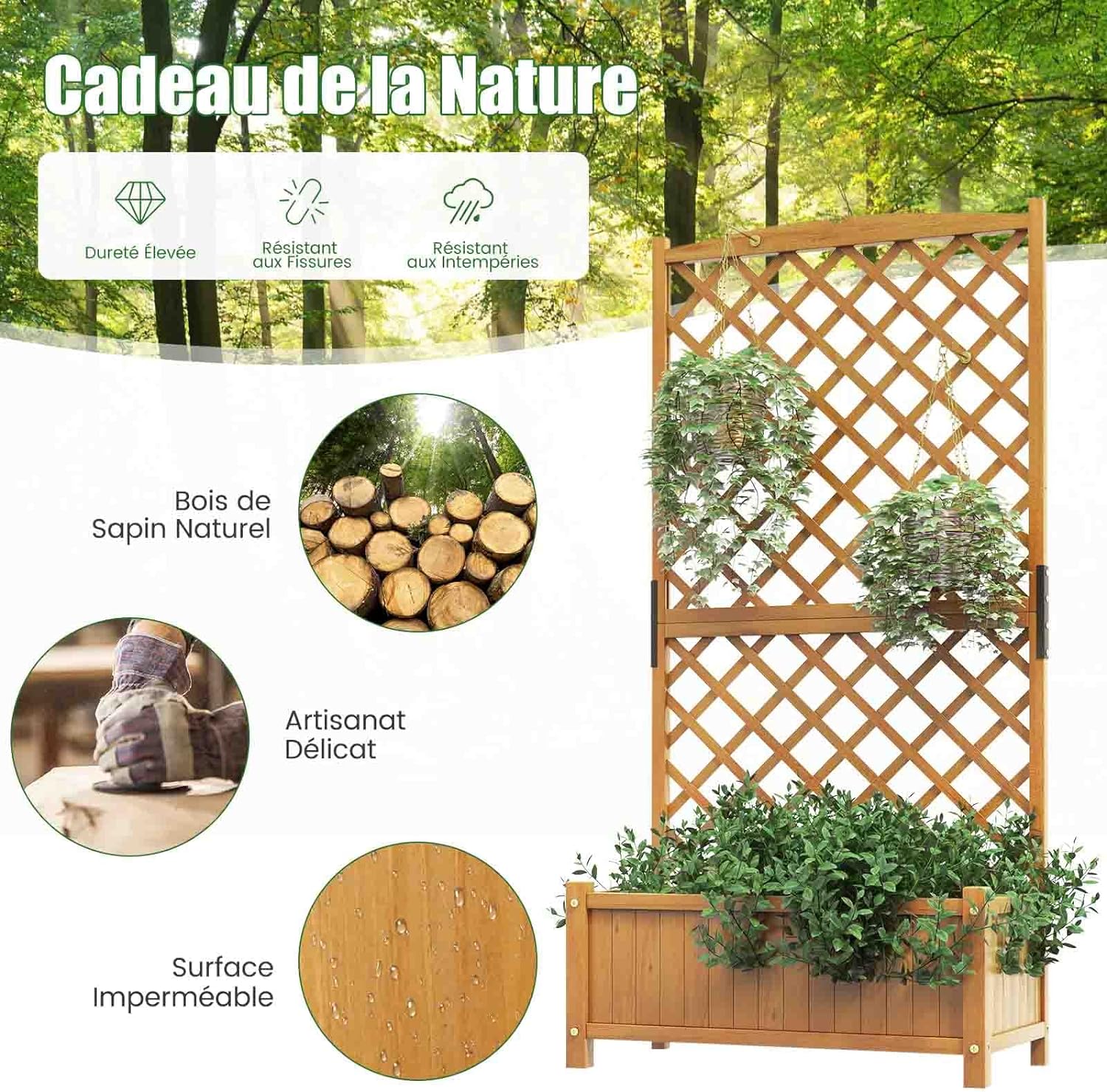 Fioriera da Esterno con Grigliato, Letto Rialzato in Legno con Traliccio e Fori di Drenaggio, Aiuola Rialzata per Piante Rampicanti e Fiori, 9 - 5