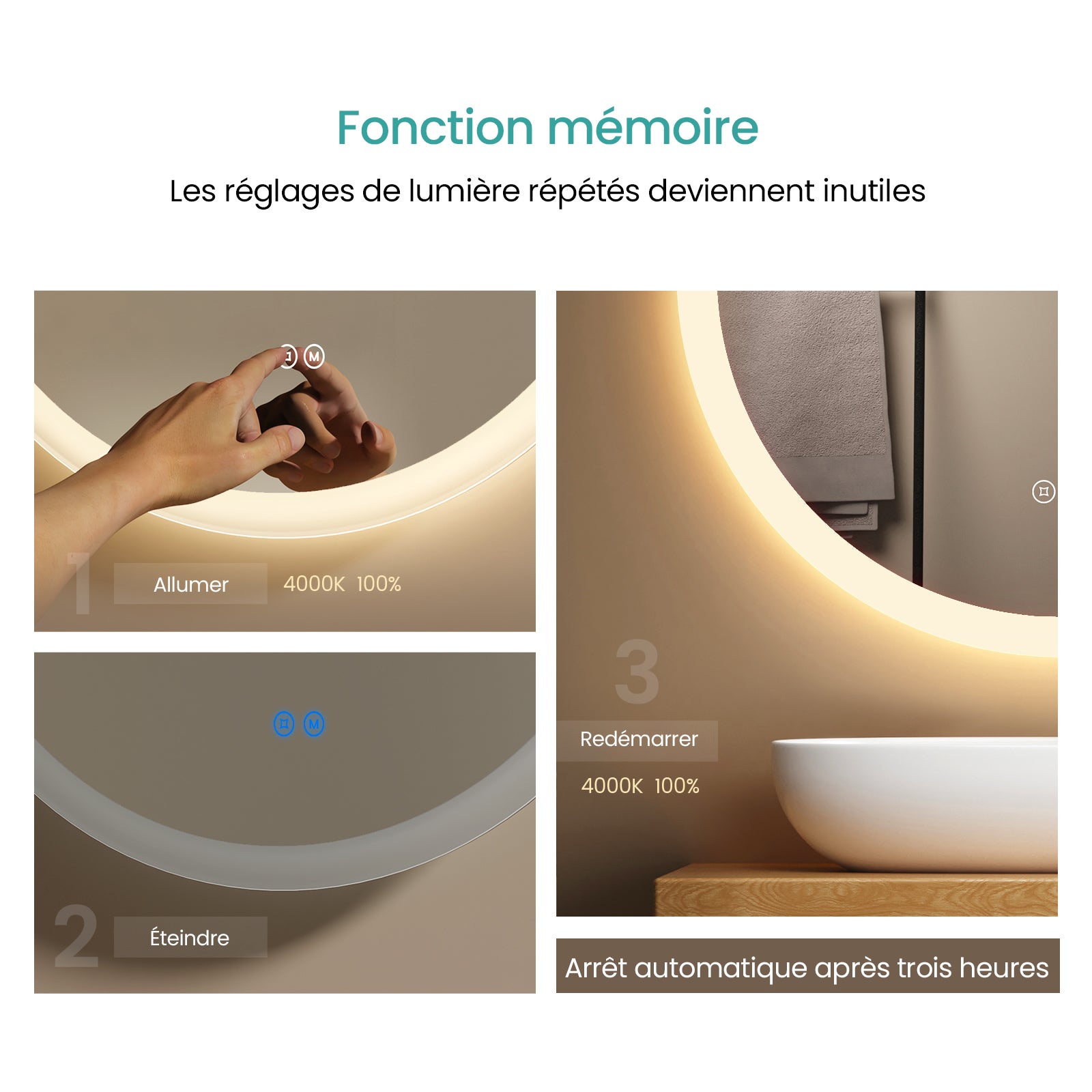 EMKE Miroir lumineux salle de bain rond diamètre 50cm, Miroir LED avec Interrupteur Tactile, Anti-buée, Miroir avec éclairage 3 couleurs - 5