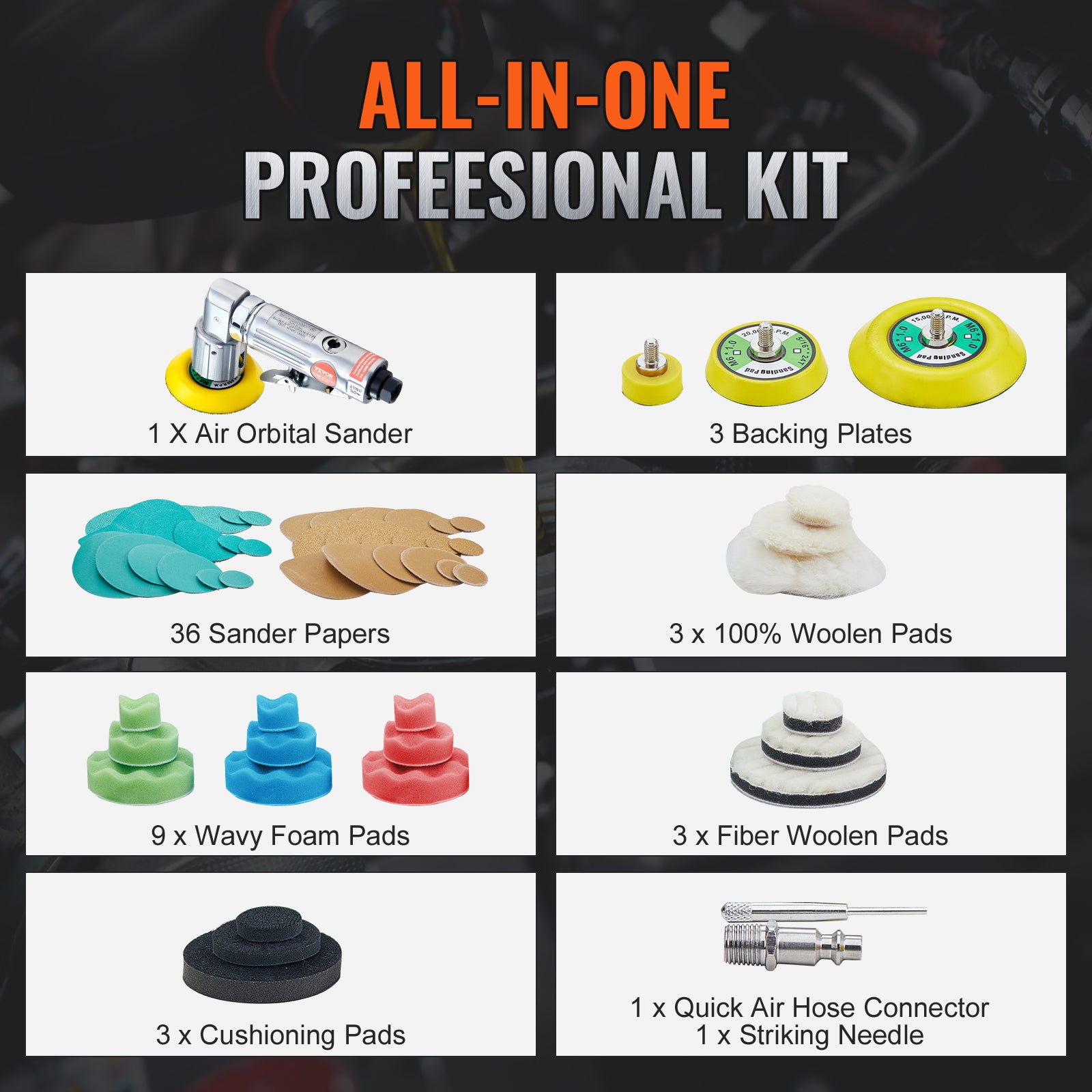 Mini Ponceuse Pneumatique VEVOR 1/2/3 po 2,5/5/7,6 cm Ponceuse Orbitale Aléatoire Vitesse 15000 tr/min Kit Ponceuse Voiture Carrosserie 58PCS Éponges - 6