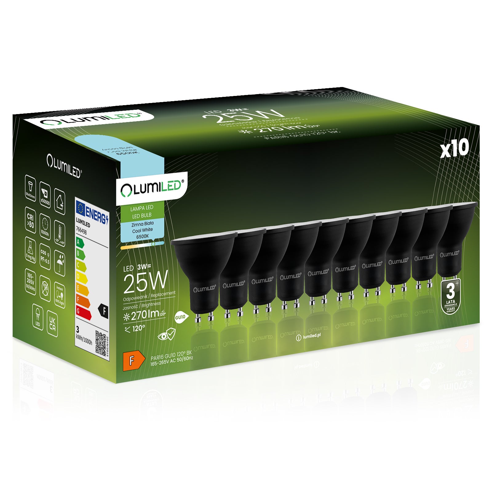 10x Żarówka Lumiled LED GU10 Reflektor PAR16 3W = 25W 270lm 6500K Zimna 120st Czarna
