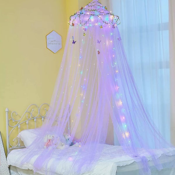 Moskitiera w kształcie kopuły, łatwa w montażu, dekoracja zasłony łóżka, ochrona przed komarami, ze światłem LED, 60*250cm, dekoracja DIY - Fioletowa