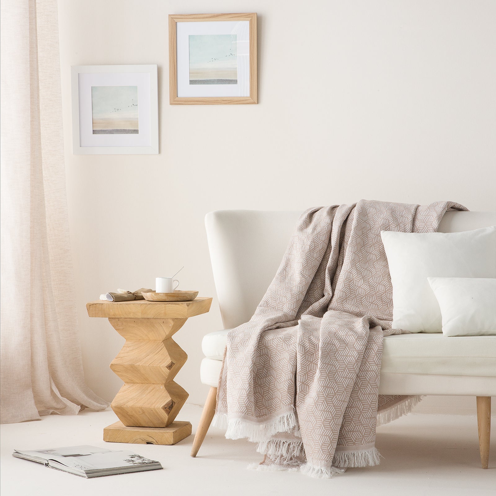 Plaid couvre-lit polyvalent, jeté de canapé Géométrique coton 140x180cm coloris Beige - 4