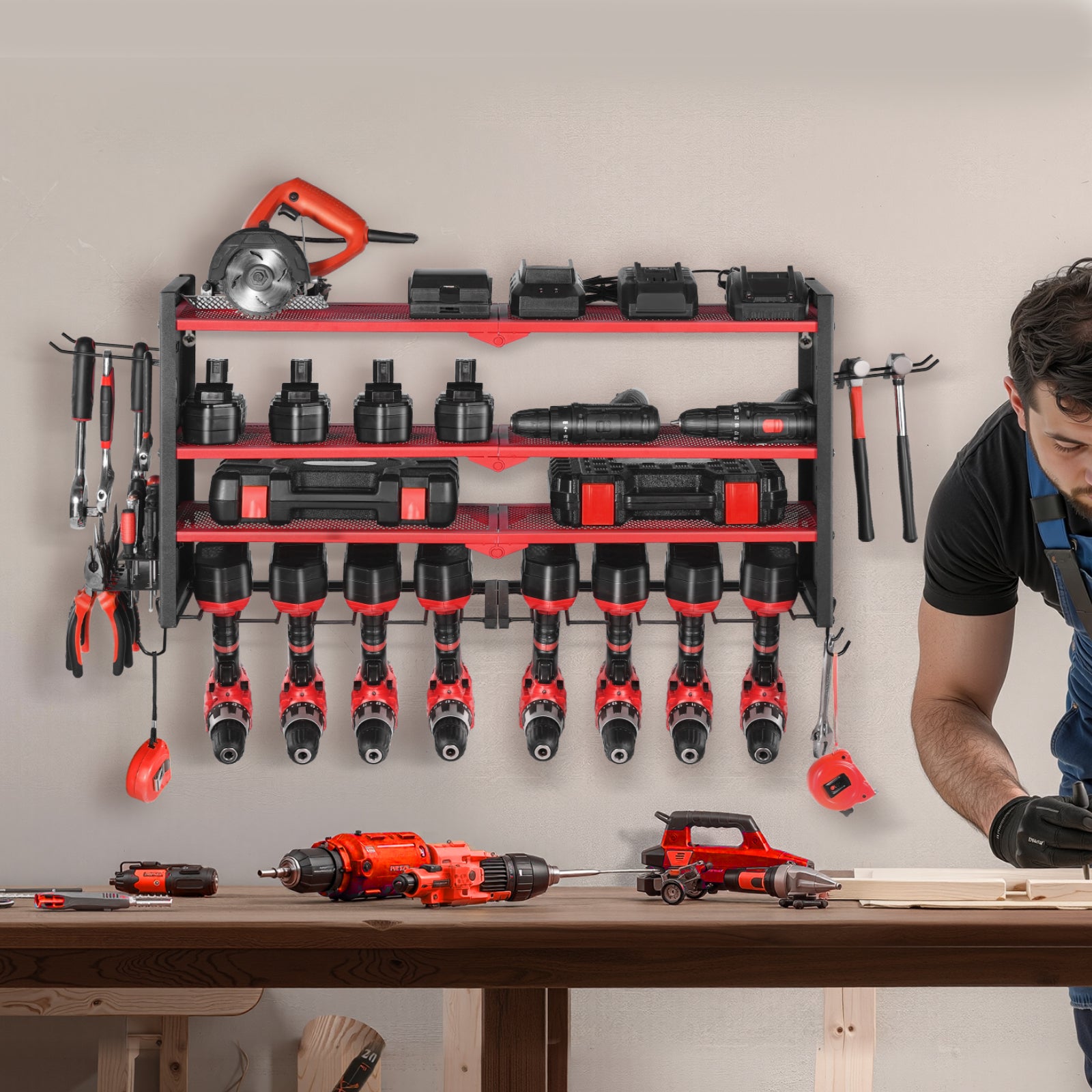 Organiseur mural outils électriques VEVOR, acier, 4 niveaux, 8 supports perceuse, panneaux perforés latéraux, étagère garage/atelier - 8