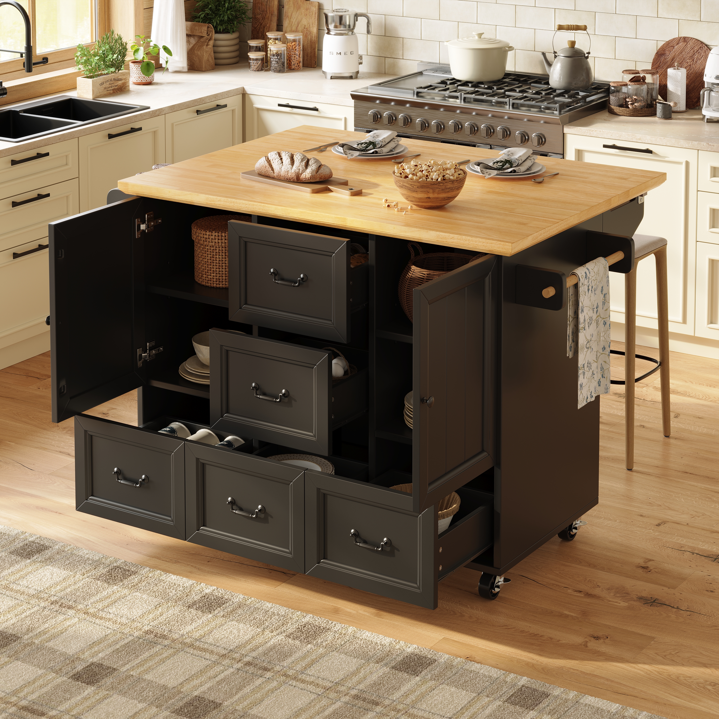 Mobilna wyspa kuchenna z 2 drzwiami i 5 szufladami - Wysuwany blat - 120 x 45/73 x 93 cm - MDF + Metal - Czarny + naturalny