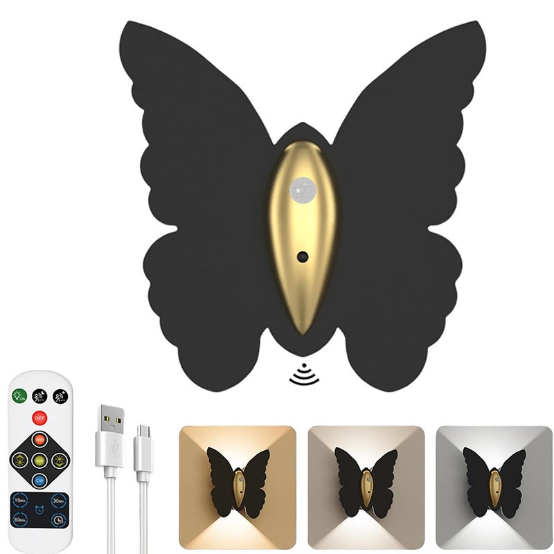 Ładowana indukcyjnie lampa ścienna motyl z pilotem, ładowana lampka nocna z czujnikiem ruchu, ściemniacz 3 kolory