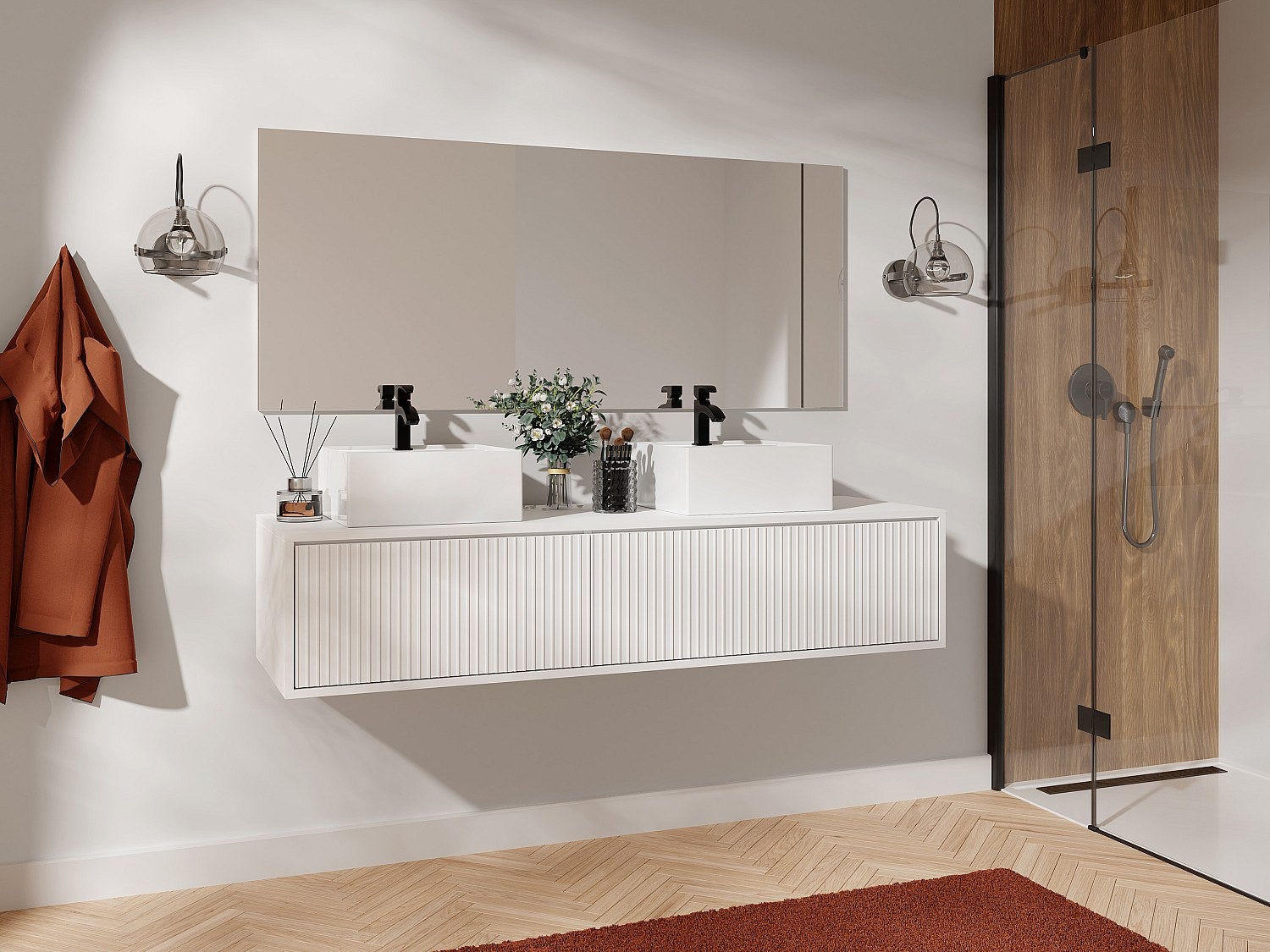 Szafka pod umywalkę wisząca w paski – Biała – 150 cm – ARNEGA