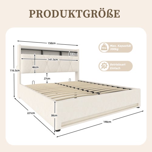 Lit coffre 140x200 cm avec LED, ports USB-C, tête de lit avec rangements, ouverture hydraulique, sans matelas, beige - 3
