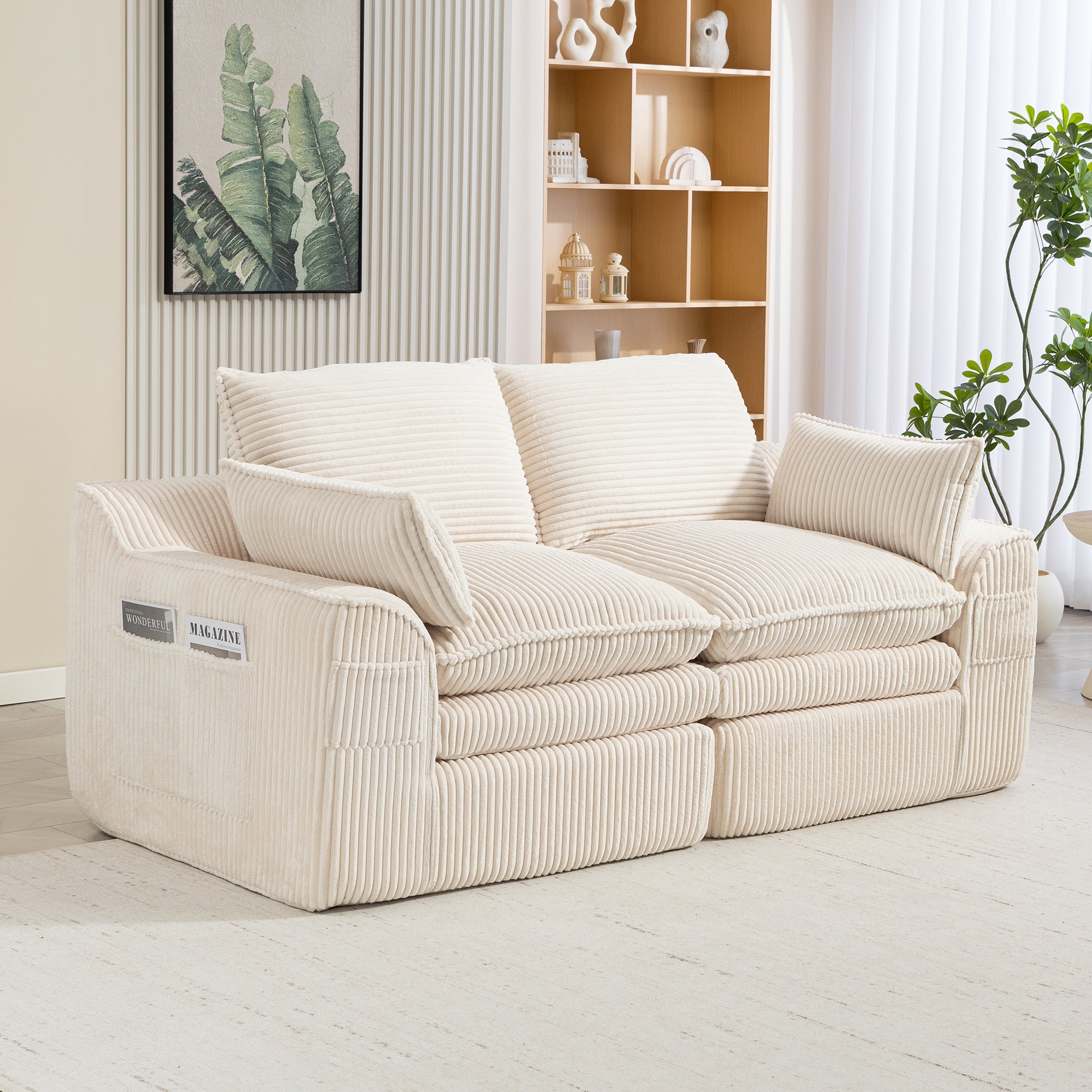 Sofa Modulares 2-Sitzer Cord – mit Kissen und zwei verschieden großen Seitentaschen, 3‑lagiger mousse + Federkern für schnelle