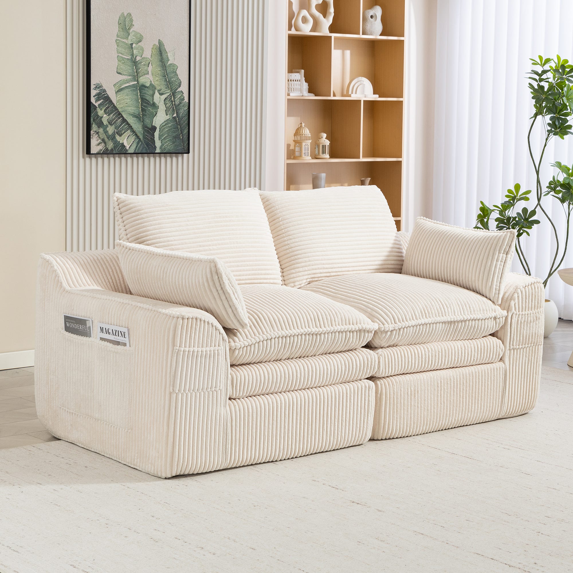 Sofa Modulares 2-Sitzer Cord – mit Kissen und zwei verschieden großen Seitentaschen, 3‑lagiger mousse + Federkern für schnelle