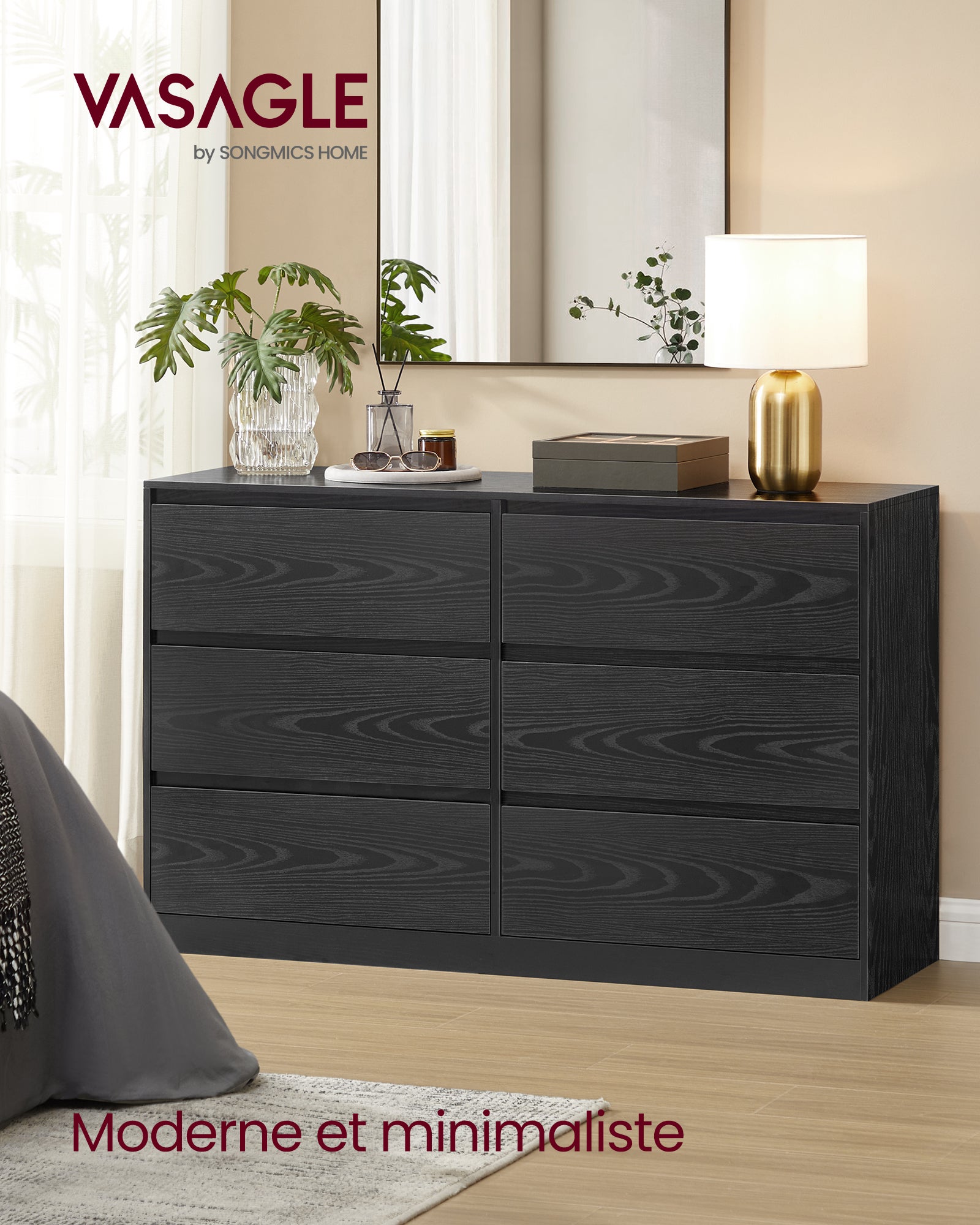 Commode Chambre 6 Tiroirs, Armoire de Rangement, Meuble à Vêtements, 40 x 119,4 x 75 cm, Style Moderne, Noir Boisé - 2